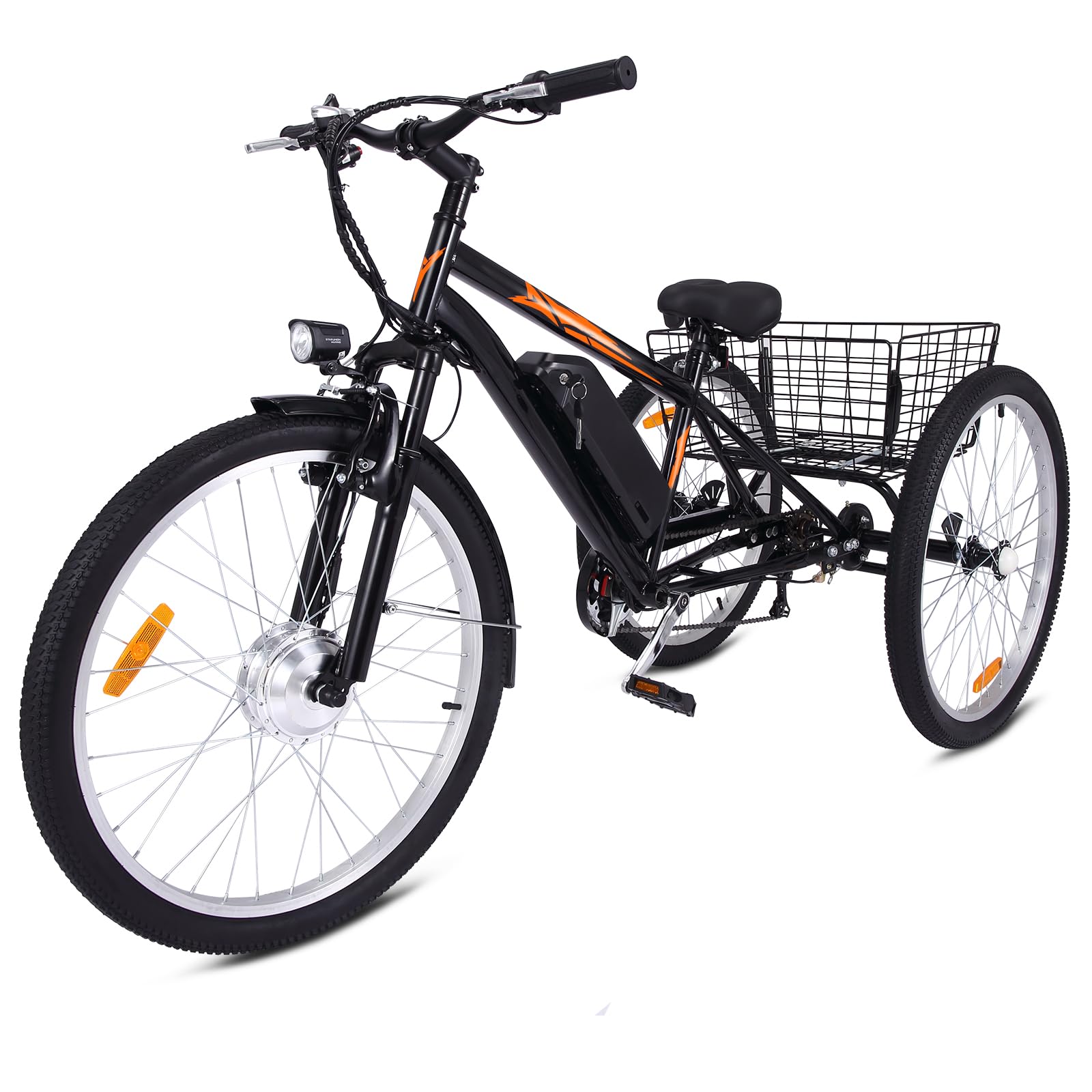Garvee Adult 3-Wheel Electric Bike, 7-Speed Electric Trike with Basket - Black Orange - 24 inch Wheel
