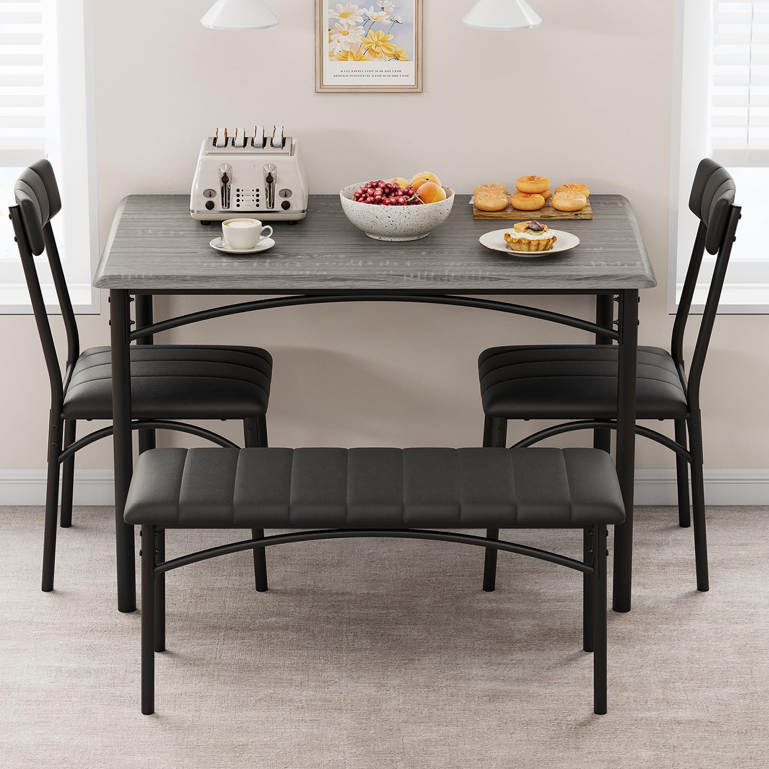 Garvee Dining Table Set for 4 + Kitchen Table + Upholstered Chairs and Bench + MDF Board and Solid Steel + Space-Saving Design + Waterproof Coating + 