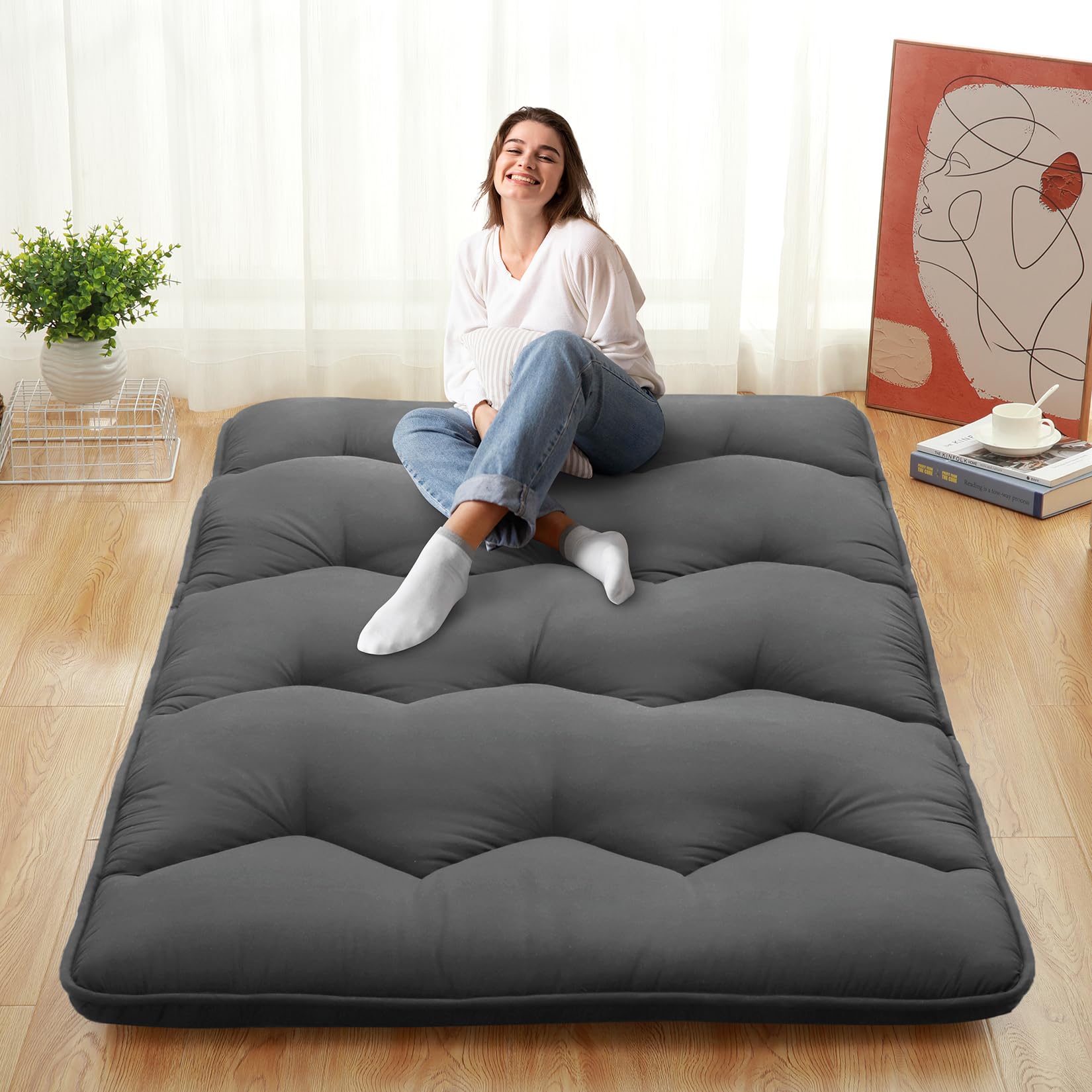 Garvee Japanese Futon Mattress, Full Size Foldable Japanese Style Floor Mattress Roll Up, Tatami Mat, Camping Mattress Pad, Dark Grey