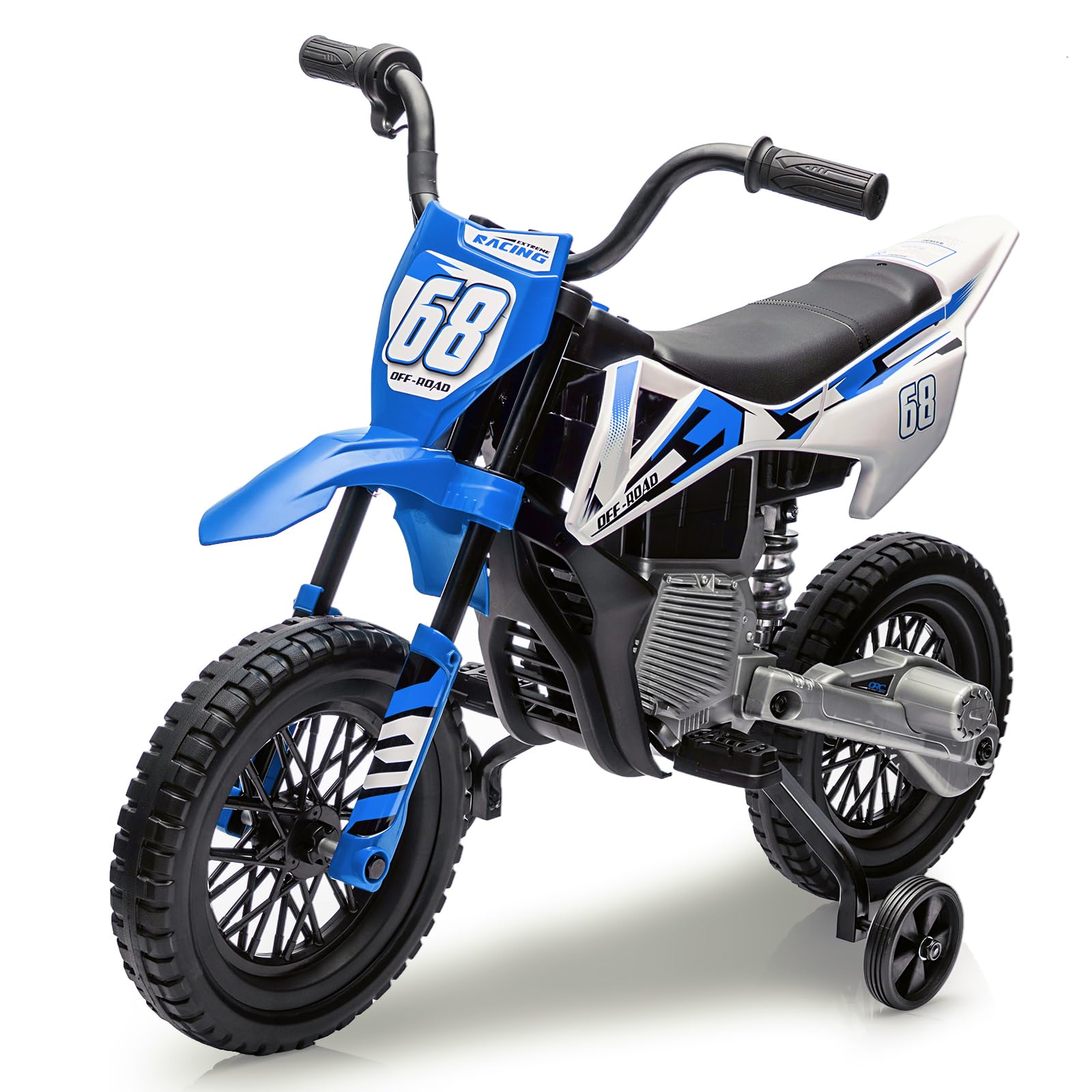 Garvee 12V Kids Electric Dirt Bike, 25W*2 Motor, Twist Grip Throttle, Spring Suspension, Training Wheels, Ride-On Toy - Blue