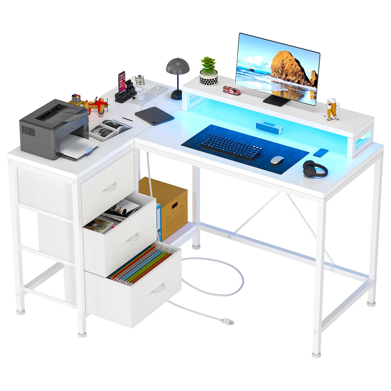 Garvee L Shaped Desk with Power Outlets & LED Lights, Computer Desk with Drawers & Shelves, Corner Desk Gaming Desk Home Office Desk, White