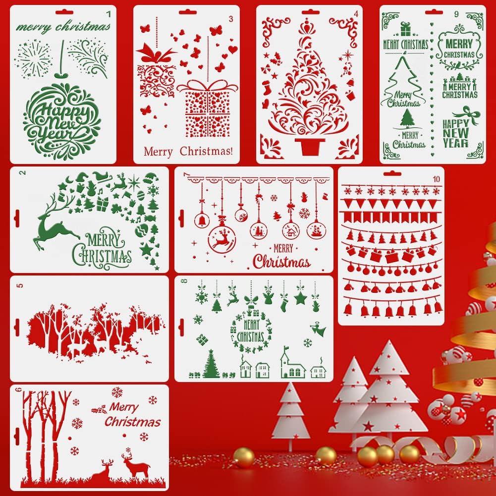 Garvee 10Pcs Christmas Stencils Template ，Journal Stencil Plastic Stencils，Children Stencil Drawing Set for DIY Card, Window, Wood, Cookie and Paper, 