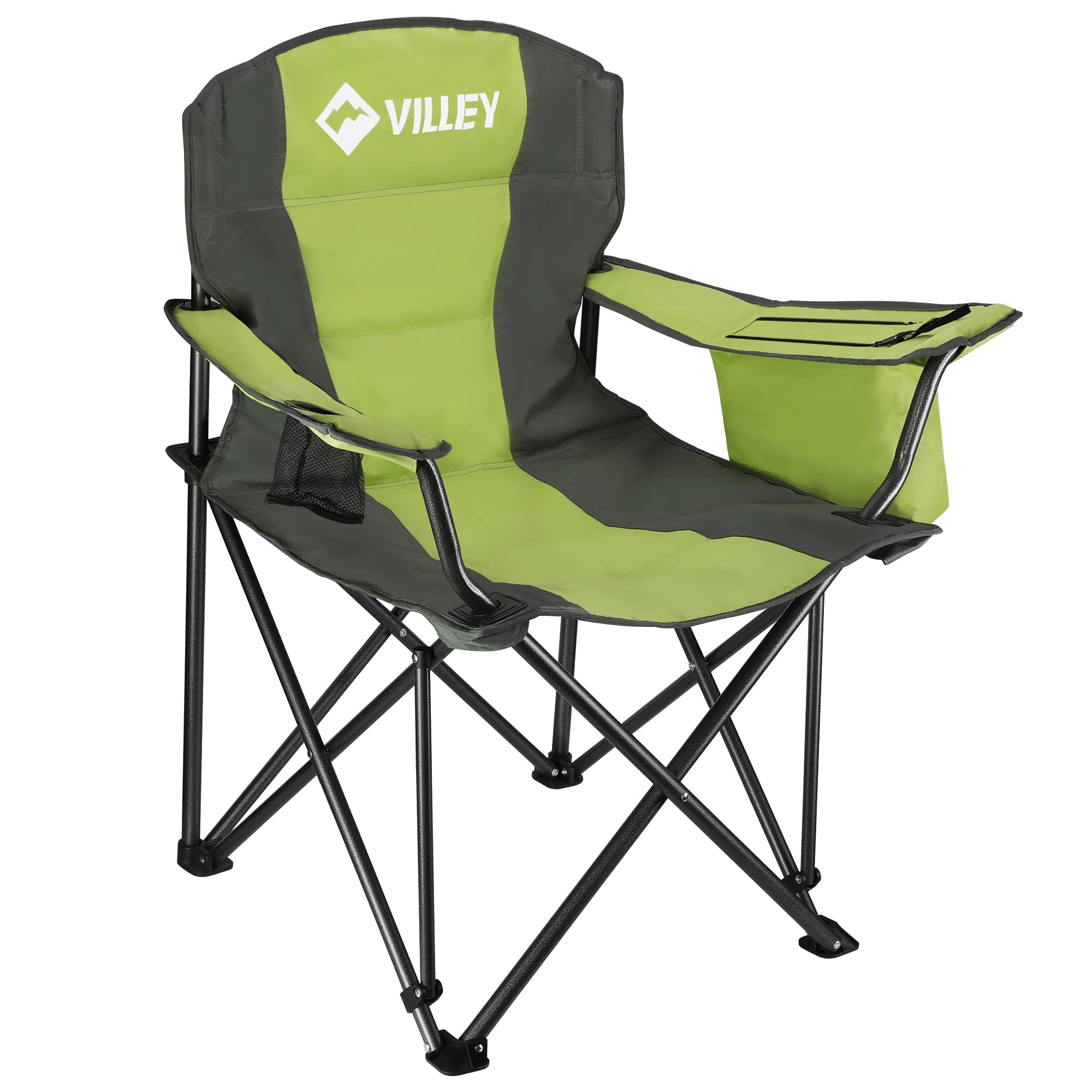 VILLEY Camping Chair, Oversized Folding Camp Chair, Portable Outdoor Chairs Support 400 LBS with Padded Seats, Cooler Bag, Cup Holder, Carry Bag, Gree