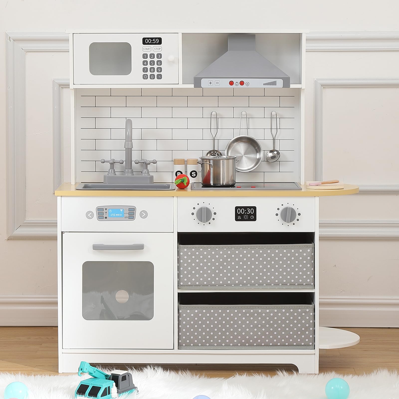 Garvee Play Kitchen for Kids, Wooden Kitchen Toy Playset with Stove, Oven, Sink and 17 Pcs Toy Food & Cookware Acces, Pretend Play Kitchen with 2 Fabr