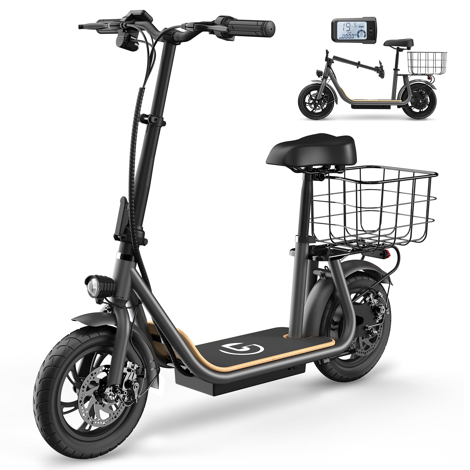Garvee Electric Scooter for Adults, 12" Fat Tire Foldable Electric Bike with Seat and Basket, 450W Brushless Motor, Dual Brake System, 265lbs Max Load