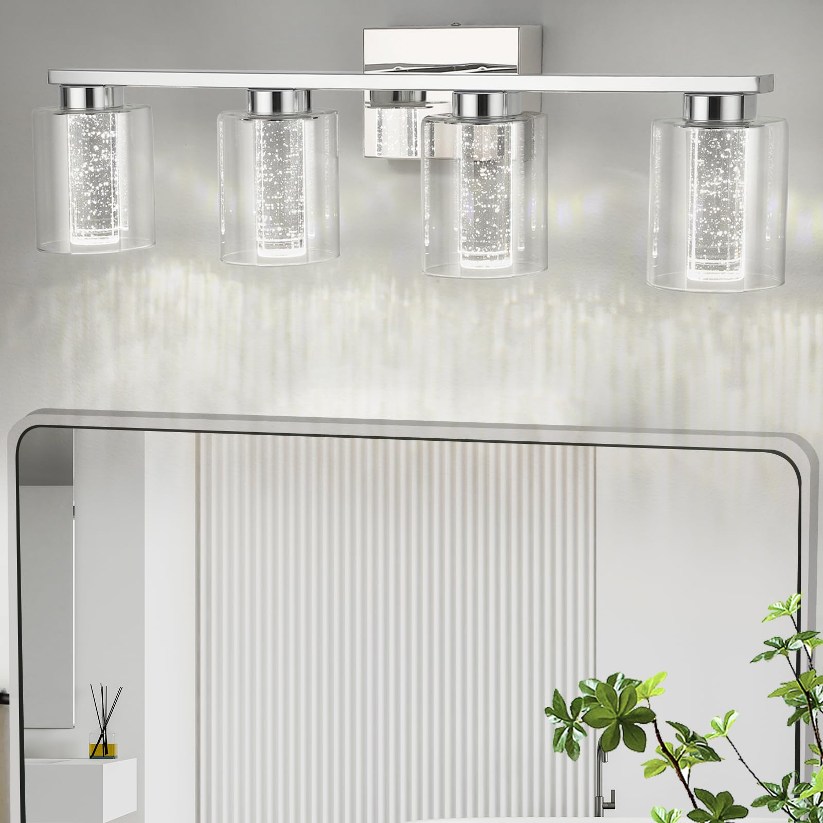 Garvee 4-Light Bathroom Light Fixtures, Chrome Bathroom Vanity Light - 3 Color Dimmable Vanity Lights with Crystal Bubble, Bathroom Lighting Fixtures 