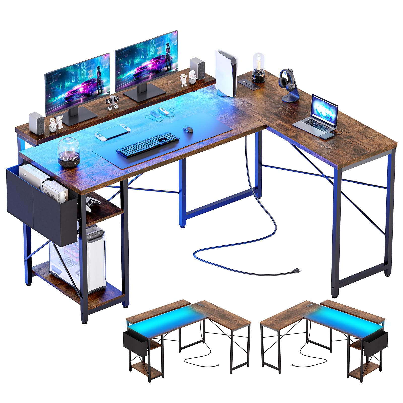 Garvee L Shaped Gaming Desk with LED Lights & Power Outlet, 54 Inch Reversible Modern Corner Desk, Wooden, Storage Shelves, Ergonomic Design, Home Off