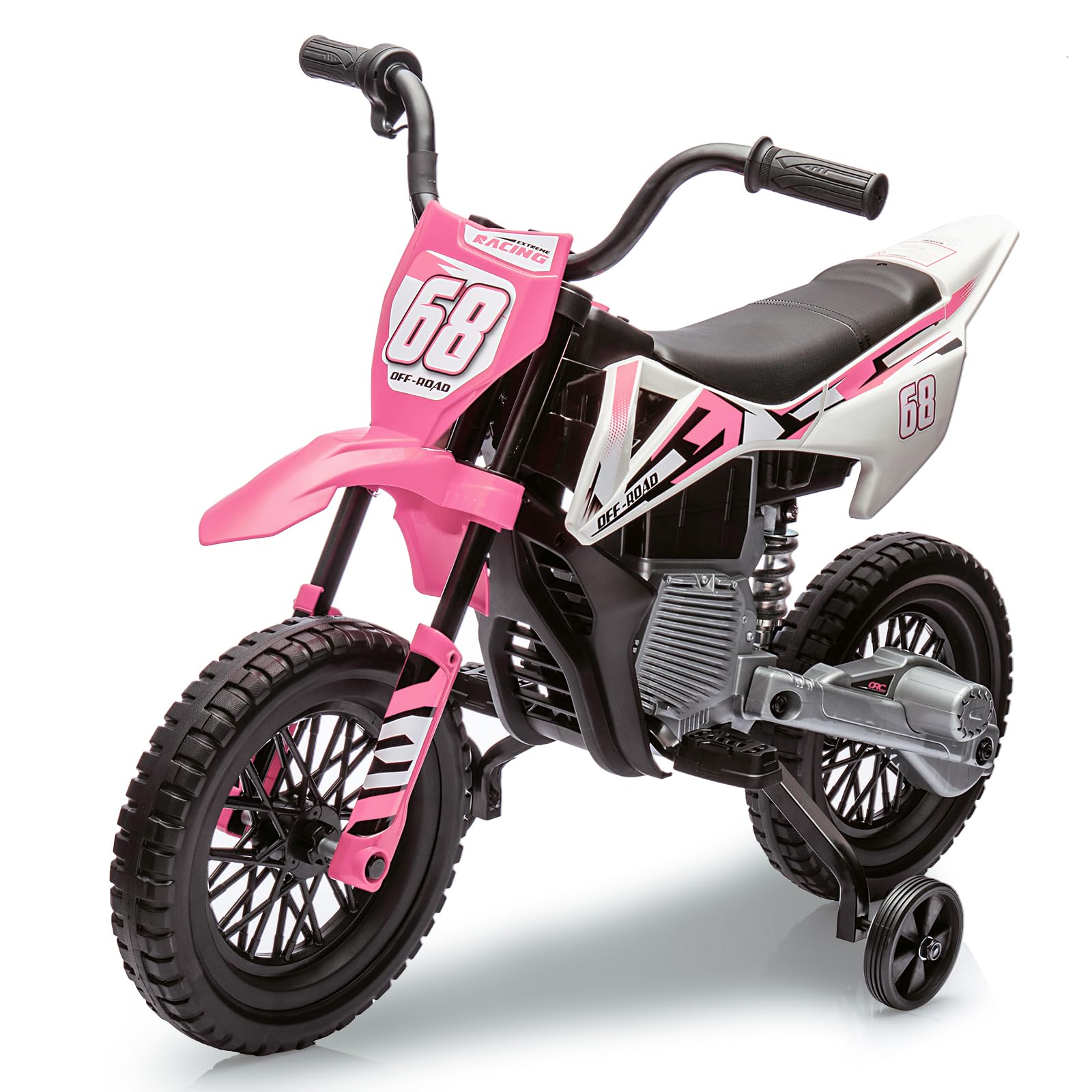 Garvee 12V Kids Electric Dirt Bike, 25W*2 Motor, Twist Grip Throttle, Spring Suspension, Training Wheels, Ride-On Toy - Pink
