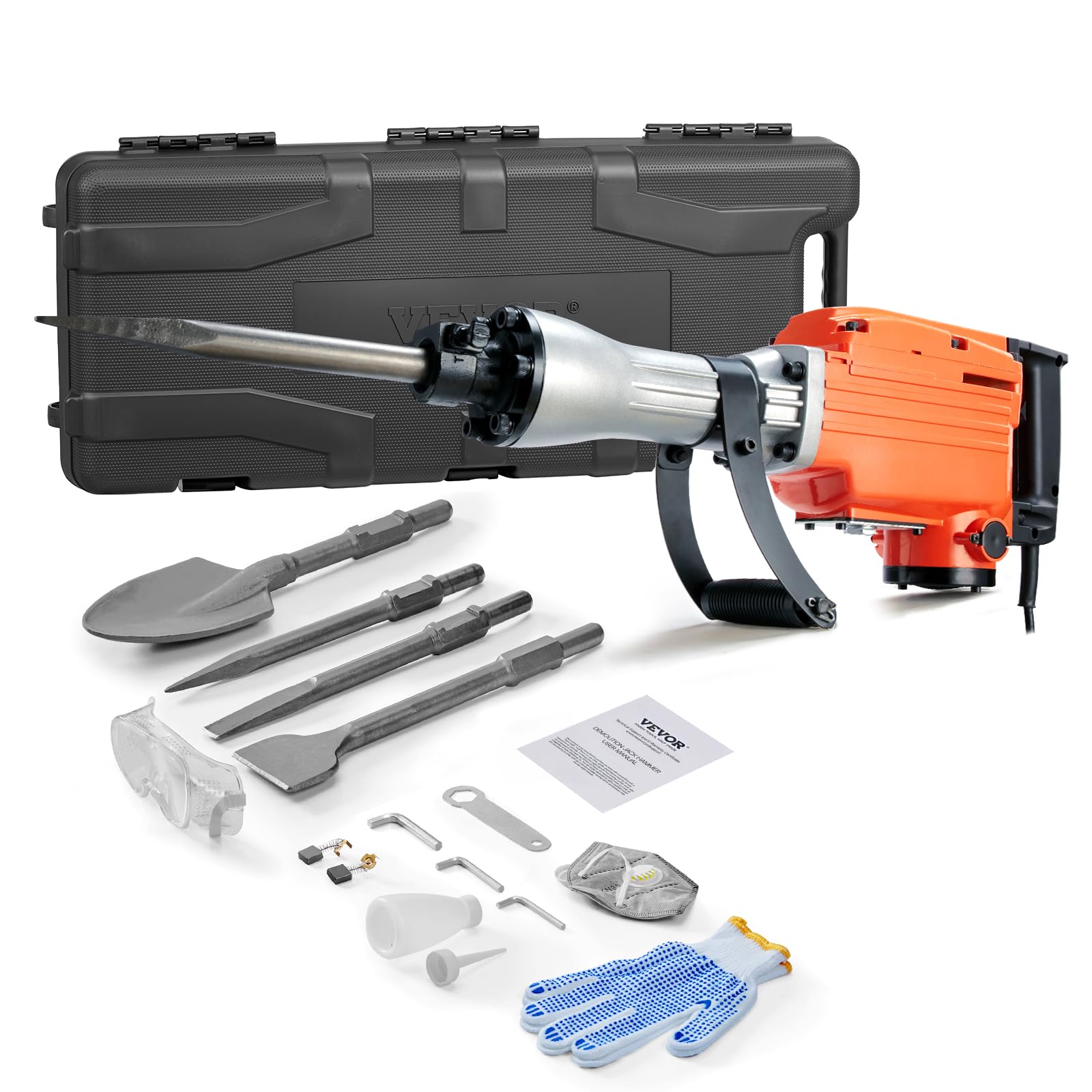 VEVOR Demolition Jack Hammer, MAX 2200W Electric Jackhammer Heavy Duty, 1350 BPM Concrete Breaker 4pcs Chisels Bit Chipping W-Case, Gloves 2200W + 4 C