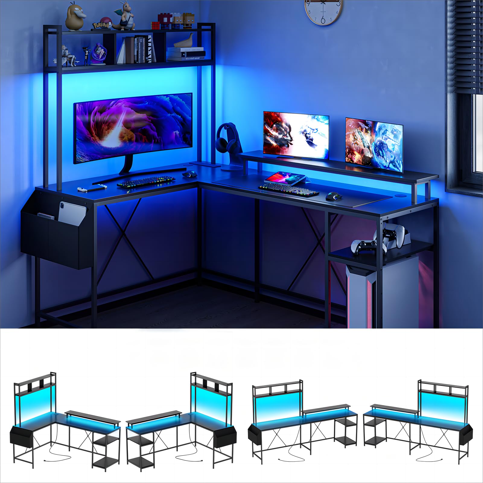 Garvee L Shaped Gaming Desk, Reversible Computer Desk with LED Lights & Power Outlets, Corner Desk with Shelves, Storage Bag, Monitor Stand, Home Offi