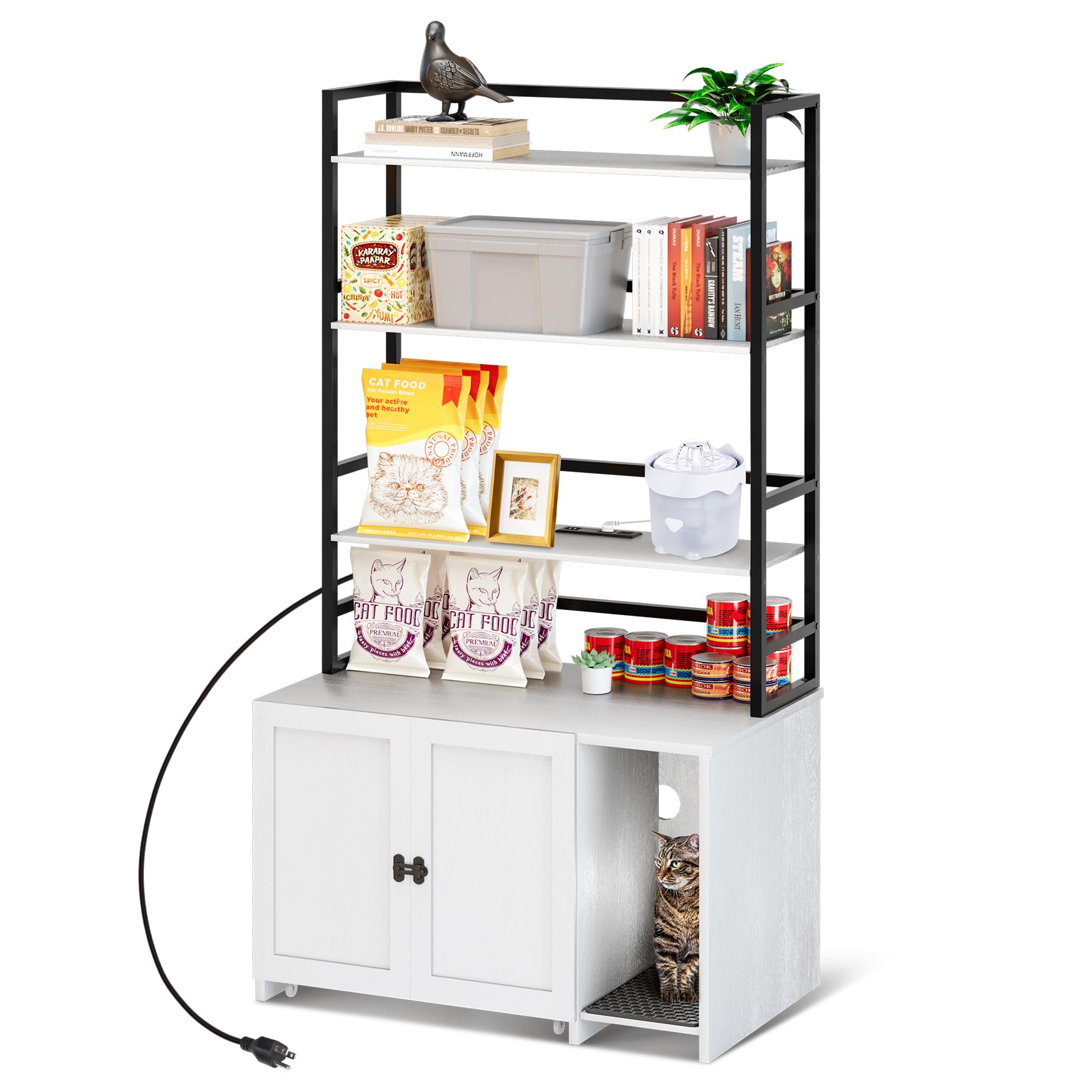 Garvee Cat Litter Box Enclosure, Hidden Cat Litter Box Furniture, Large Double Door Cat House with 3 Shelves and Charging Station, Push-Pull Mobile Ch