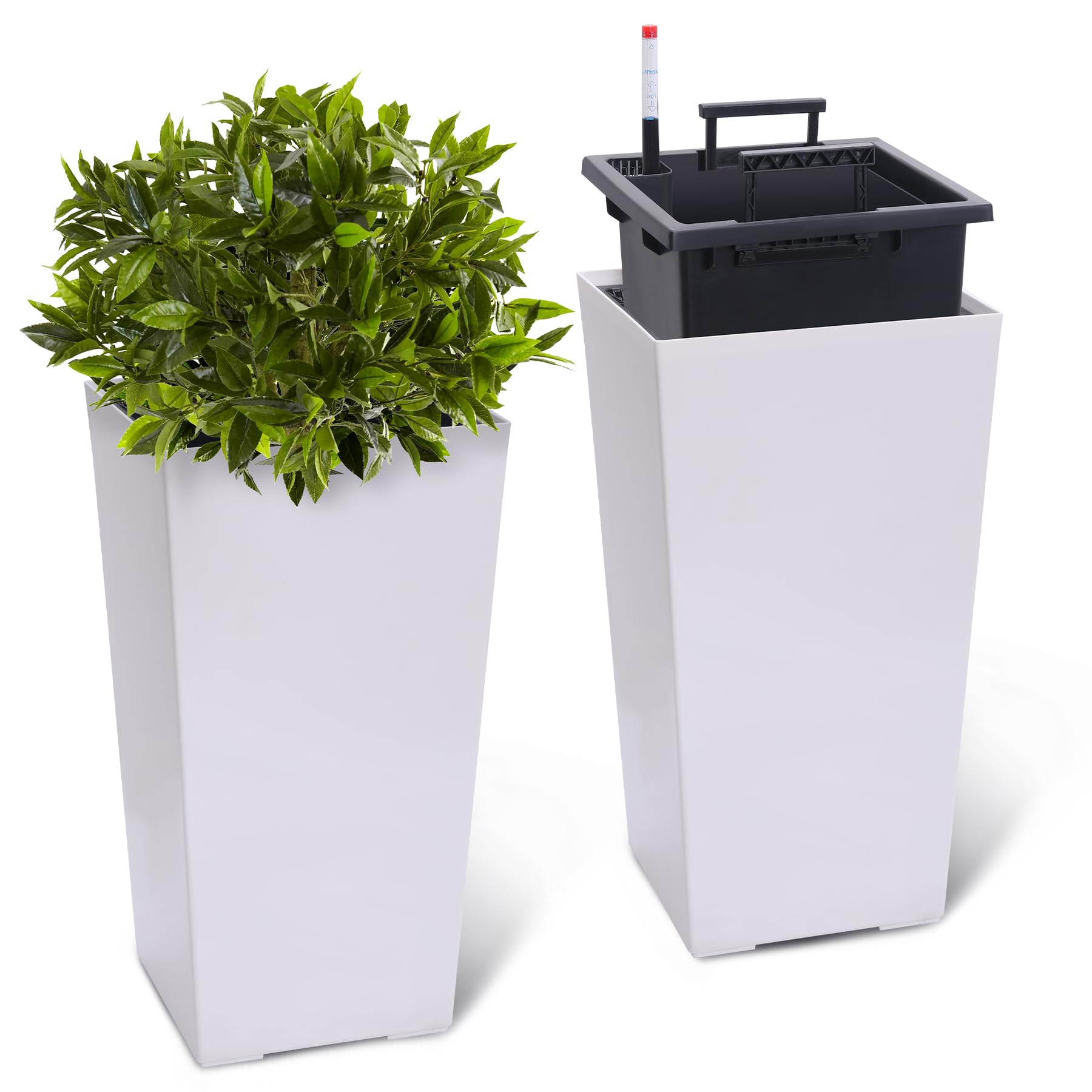 Garvee 23" Tall Planters Set of 2 - Modern Indoor-Outdoor Plant Pots with Drainage Holes, Water Level Monitor, Inner Bucket & Automatic Watering, Whit