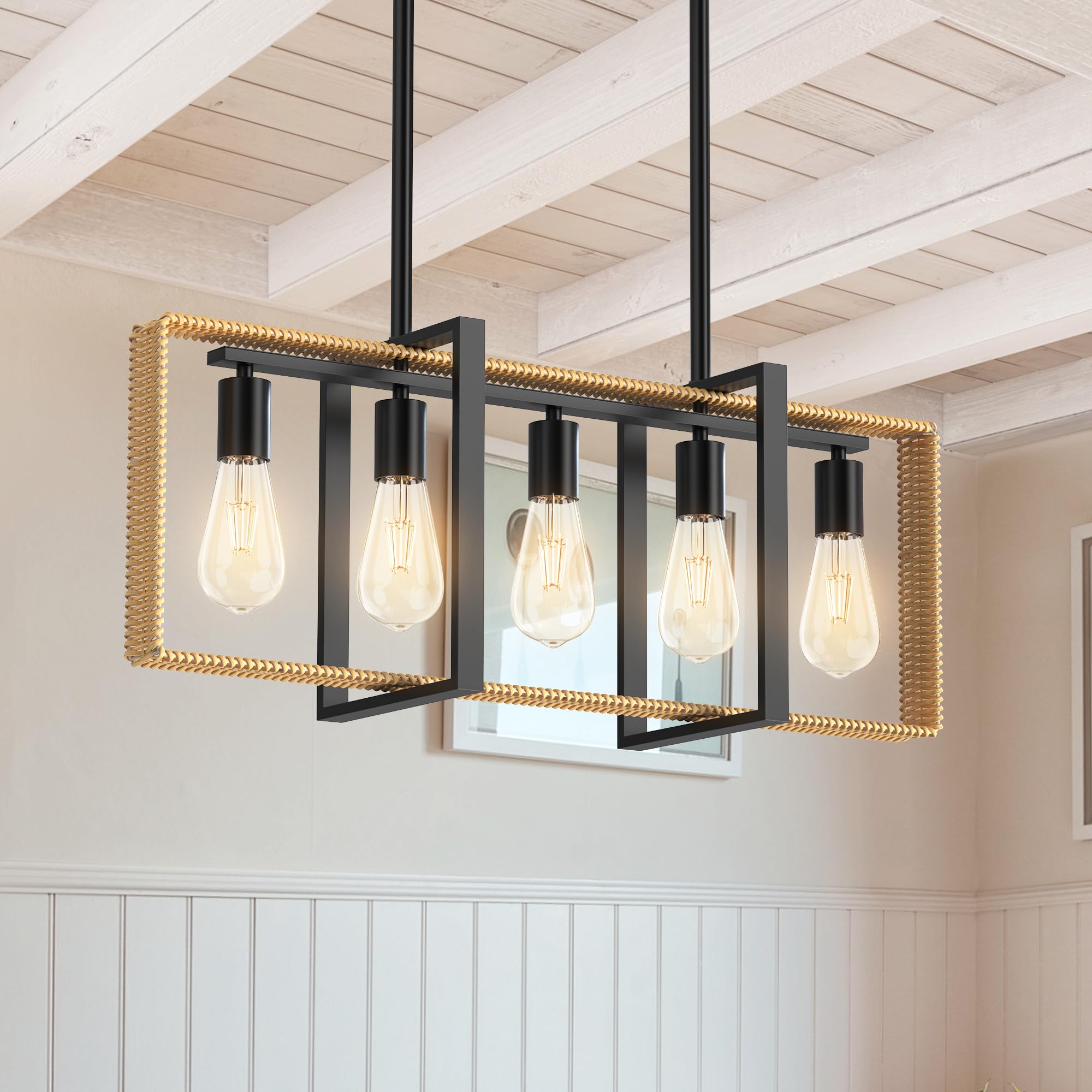 Garvee Kitchen Island Lighting，5-Light Adjustable Dining Room Light Fixtures, Rattan Frame Pendant Ceiling Chandelier，Modern Pendant Lighting for Dini