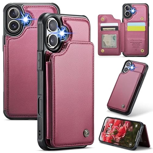 for iPhone 16 Case with RFID Blocking and 4 Credit Card Holder, Premium Durable Slim Leather Magnetic Clasp Kickstand Heavy Duty Shockproof Protective