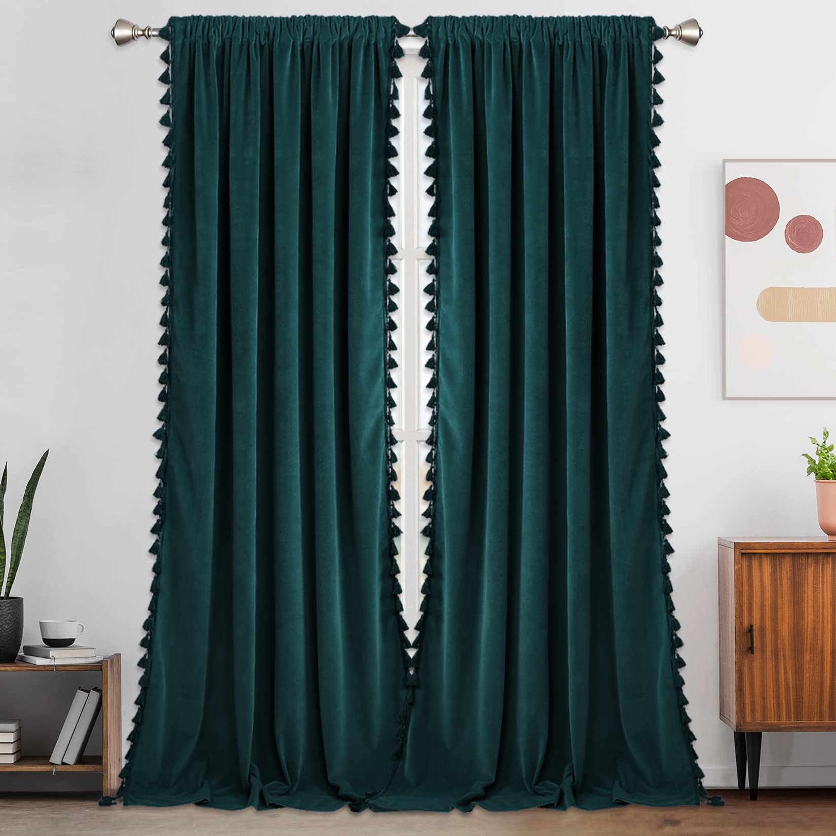 Garvee Christmas Curtains for Living Room Tassel Curtains Christmas Velvet Curtains for Bedroom 96 Inch Long Winter Holiday Window Curtains Rod Pocket