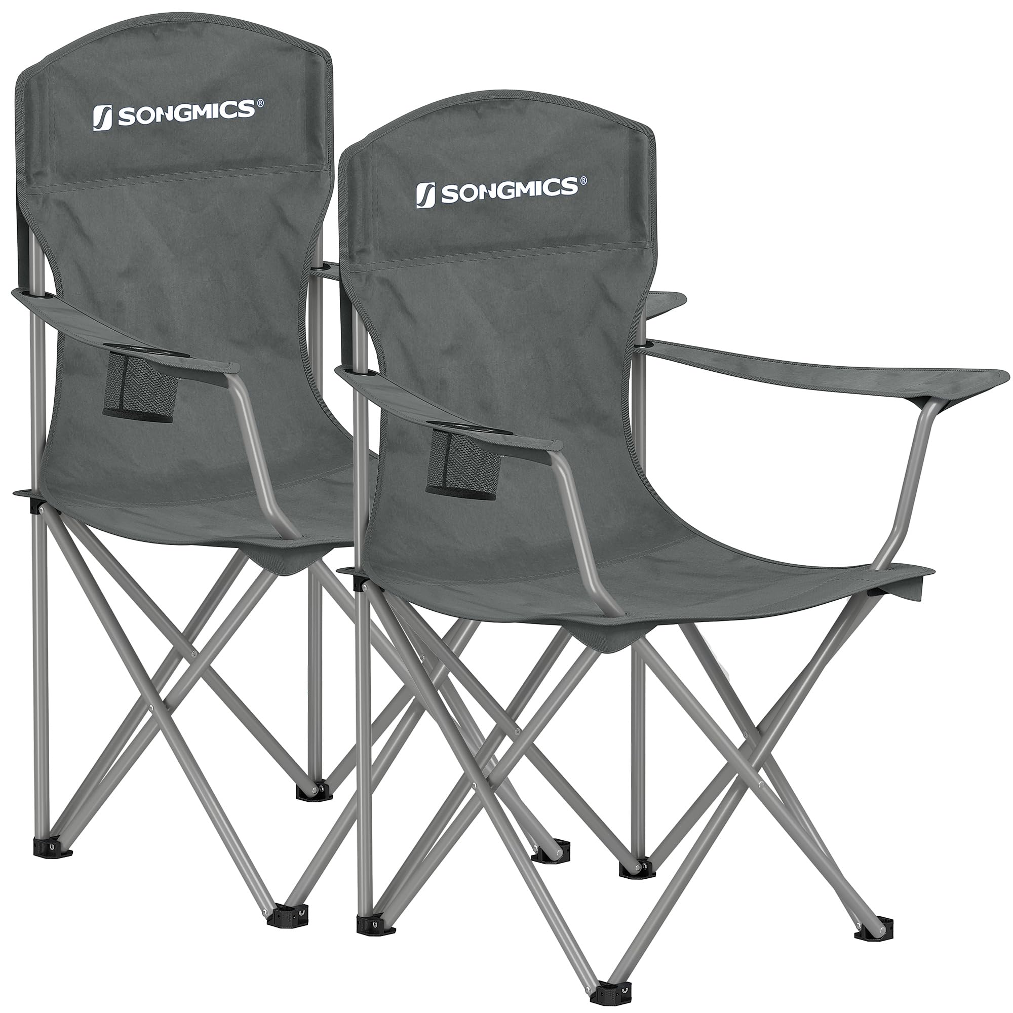 SONGMICS 2 Pack Folding Camping Chairs, Load 330 lb, Cup Holder and High Backrest, Heavy-Duty Structure, for Lawn, Garden, Fishing, Terrace Slate Gray