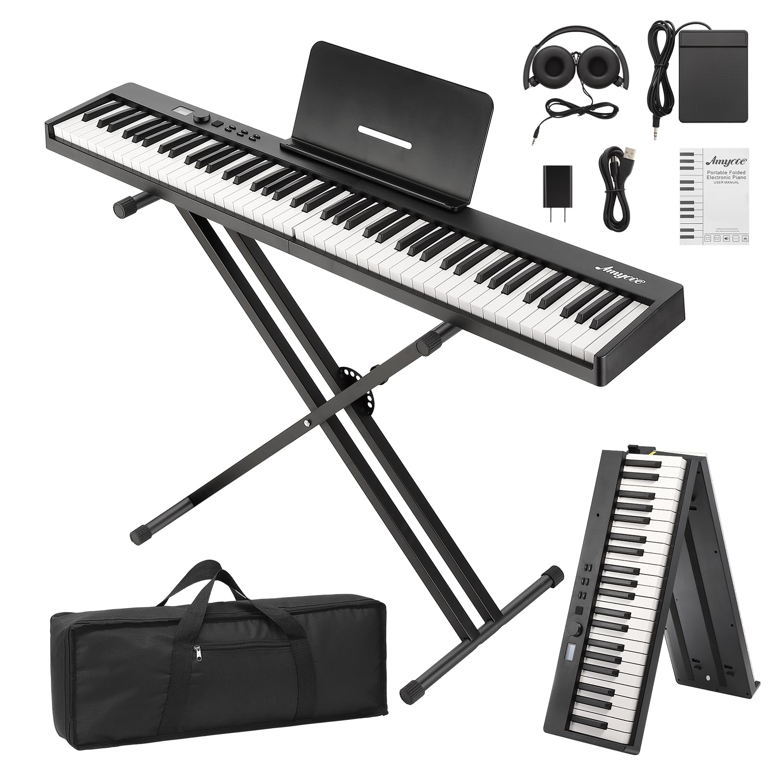 Garvee Folding Piano Keyboard,Portable Piano Keyboard 88 Keys for Beginner,Full Size Digital Piano with Piano Stand,Sustain Pedal,Headphones, Handbag,