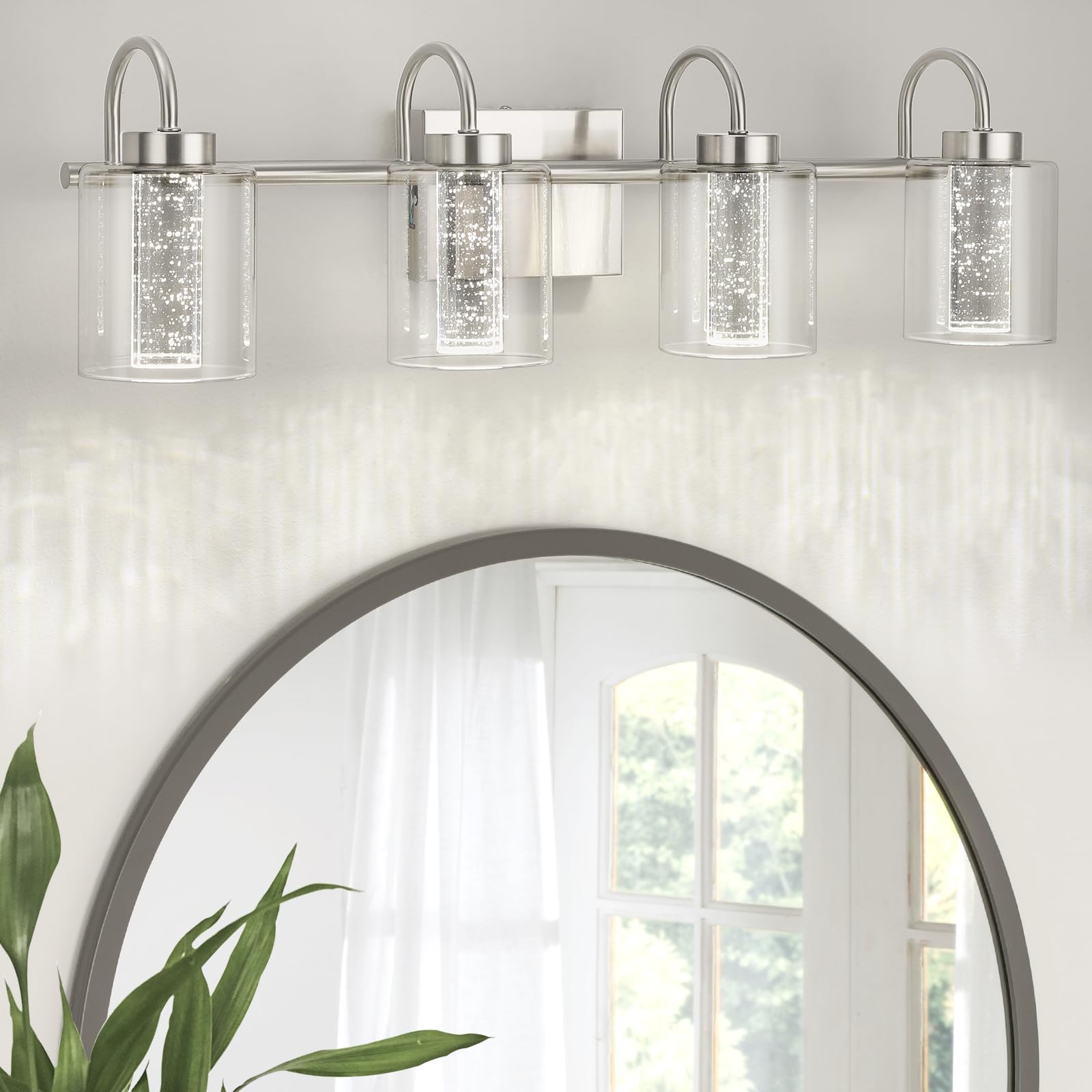 Garvee Bathroom Light Fixtures, 4 Light Brushed Nickel Vanity Lights Crystal Bubble Glass Dimmable 3 Color Temperatures Modern Bathroom Wall Sconce fo