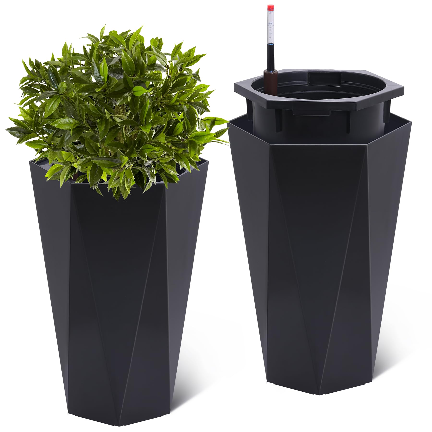 Garvee 23" Tall Planters Set of 2, Outdoor＆Indoor Planter Pots, High Front Porch Planter Pots with Drainage Holes＆Water Level Monitor＆Inner Bucket, Au