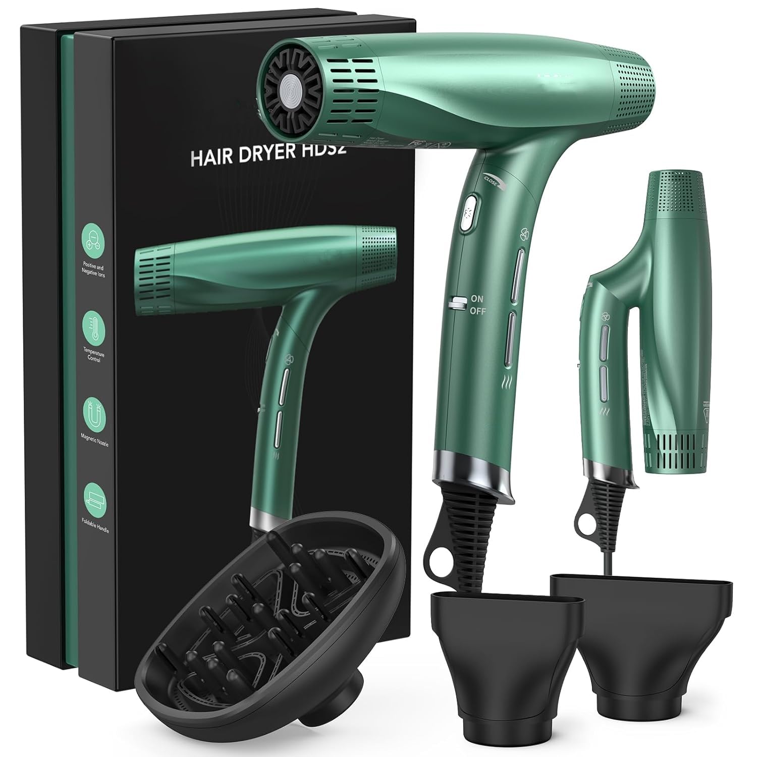 Garvee Professional Hair Dryer with Brushless Motor, High Speed, Magnetic Nozzle, Foldable, Dual Ionic, 12 Modes, Quiet, Travel Home