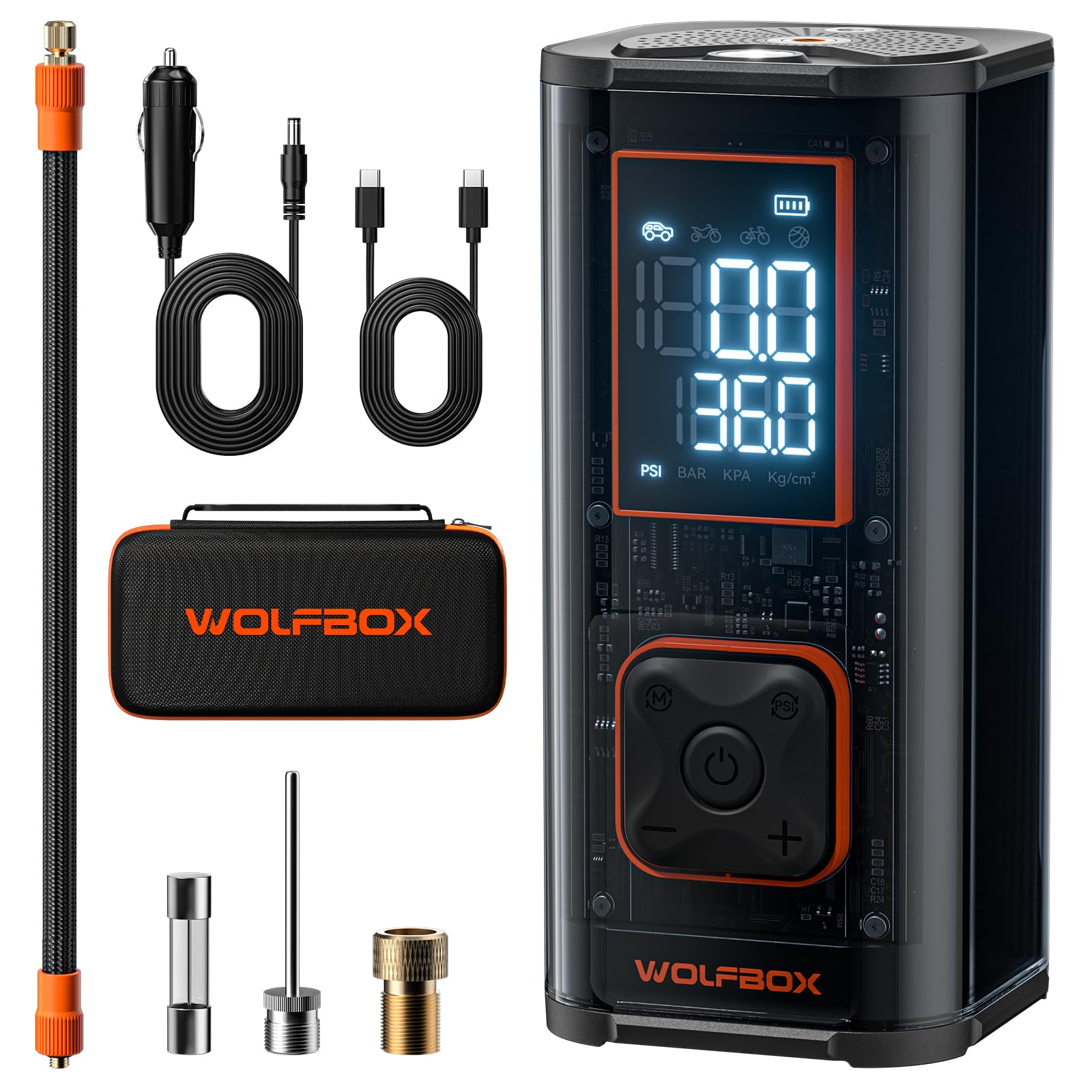 WOLFBOX 12000mAh&150PSI Portable Air Compressor Tire Inflator,58LPM Double- cylinder Fast Air Pump for Car Tires,3.5'' LED Display,20'' Hose,45W USB C