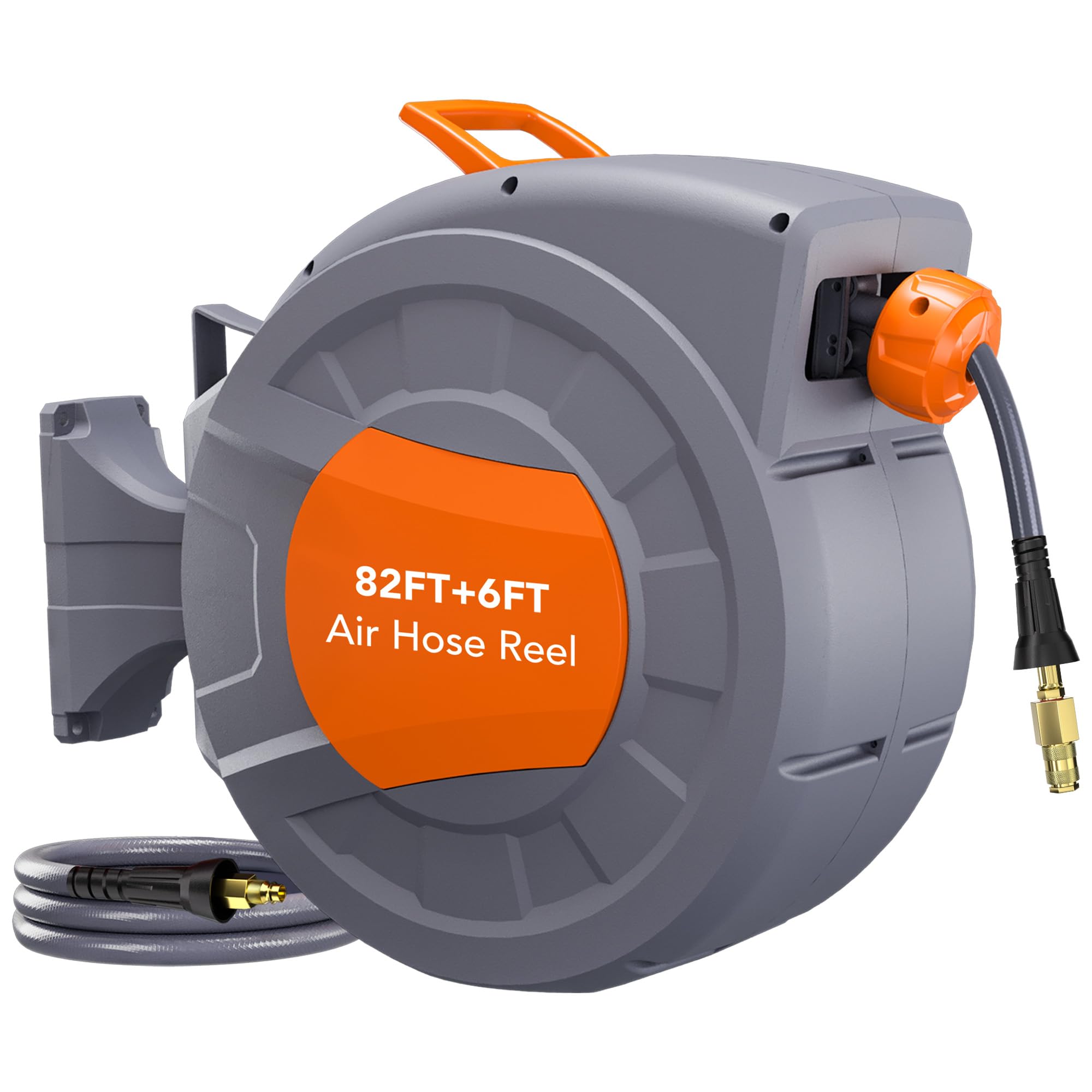 Garvee Retractable Air Hose Reel 82 FT x 3-8 IN with 6 FT Lead in Max 300 PSI, 180° Swivel Bracket Wall Mount Hybrid Air Compressor Hose Reel with Qui