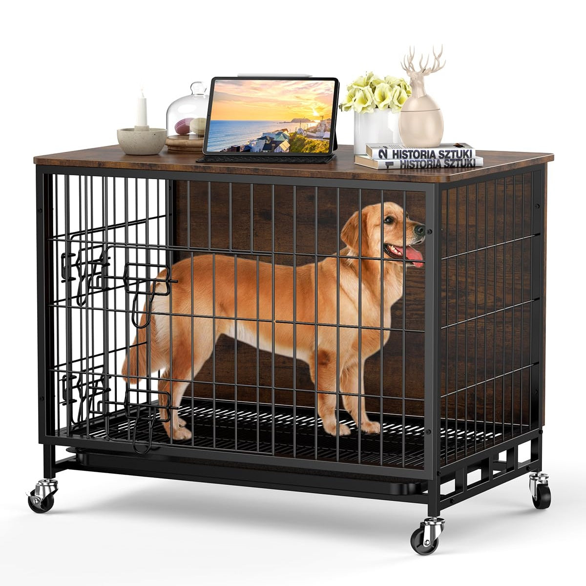 Garvee Dog Crate Furniture, 38.6" Dog Kennel Indoor Double Doors, Wooden Dog Cage with Pull-Out Tray & Removable Wheels, Decorative End Table Pet Hous