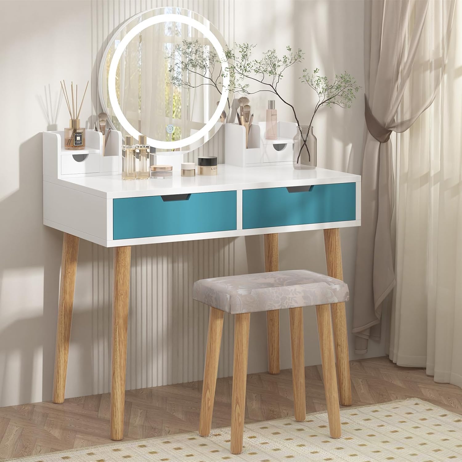 Garvee Vanity Desk, Makeup Vanity Desk with Touch light Mirror, Makeup Table with Stool and 2 Drawers, White