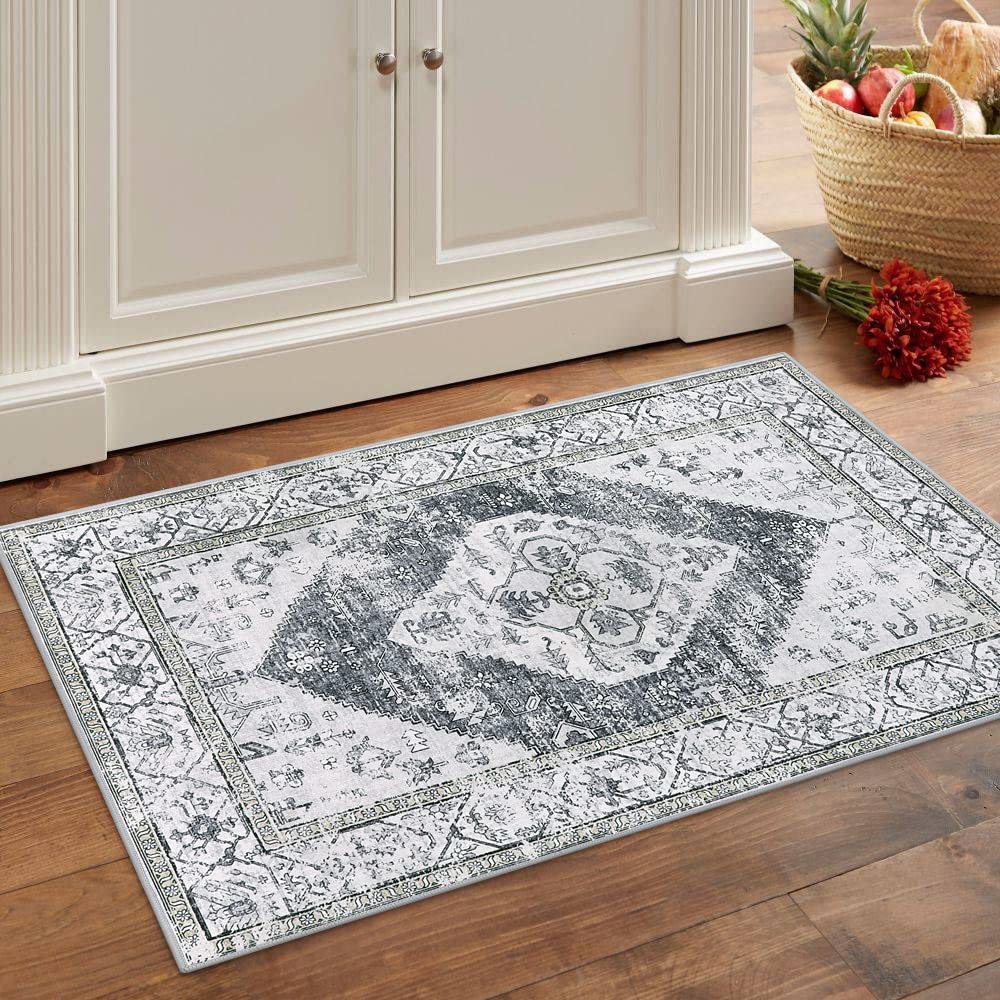 Lahome Boho Washable Rugs for Entryway - 2x3 Small Non-Slip Kitchen Rug Throw Lightweight Area Rugs for Bedroom Grey Print Oriental Distressed Bathroo