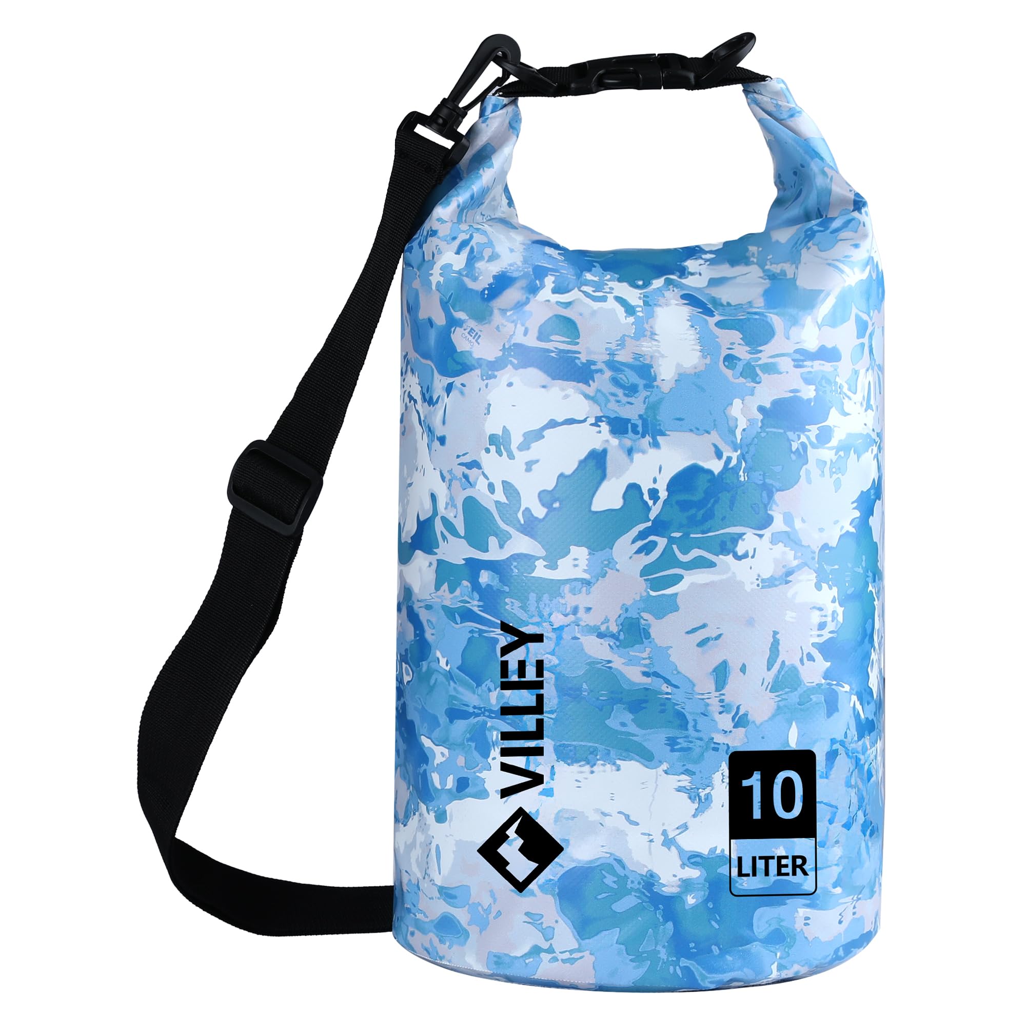 VILLEY Dry Bag Waterproof 10L Roll Top Sack Keeps Gear Dry Lightweight Sack for Kayaking Boating Camping Swimming and Beach Adventures Blue Camo Blue