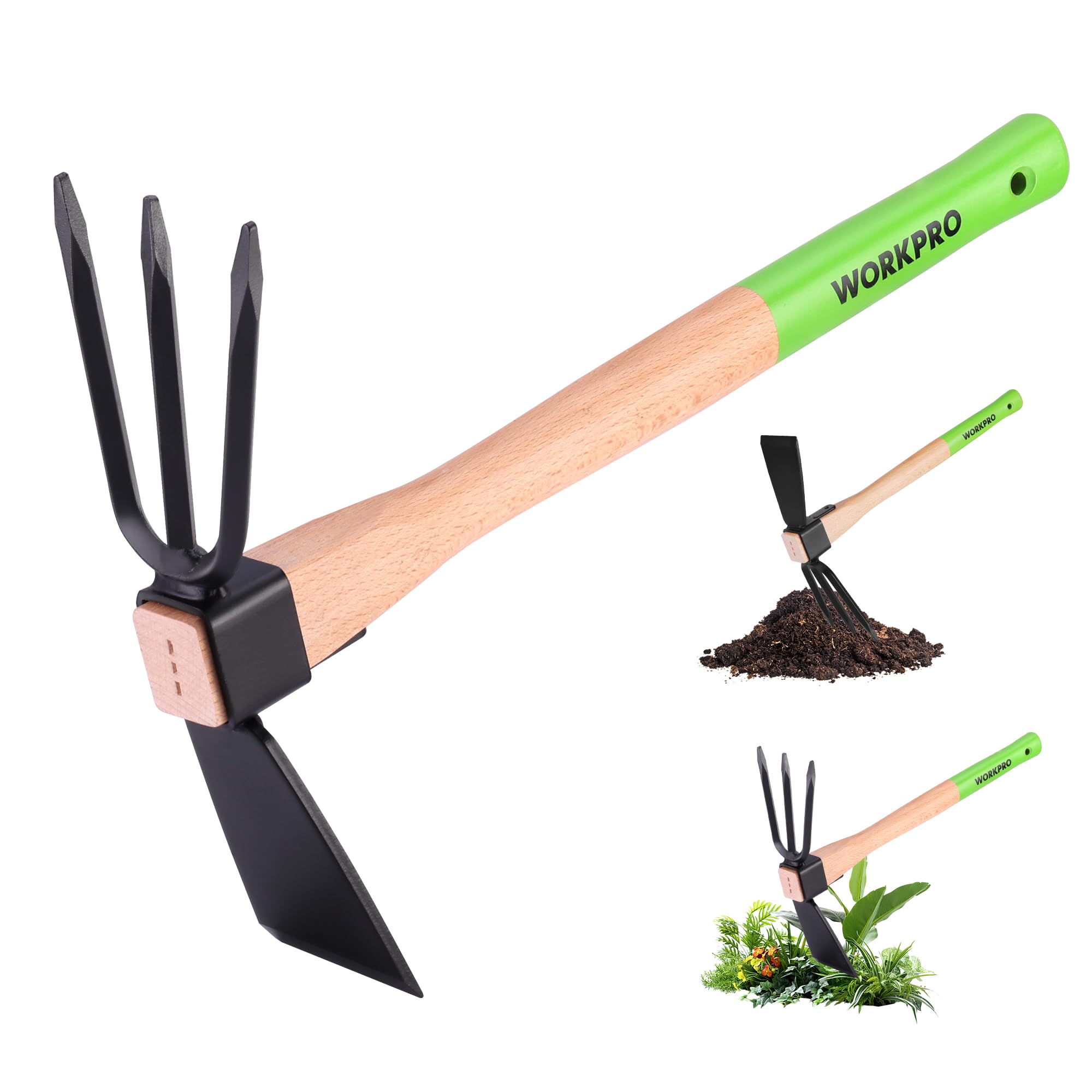 WORKPRO Hoe and Cultivator Garden Rake with 14" Wooden Handle, Sharp Hoe Blade & Sturdy 3 Claw Tiller, 2-in-1 Heavy Duty Gardening Hand Tools for Digg