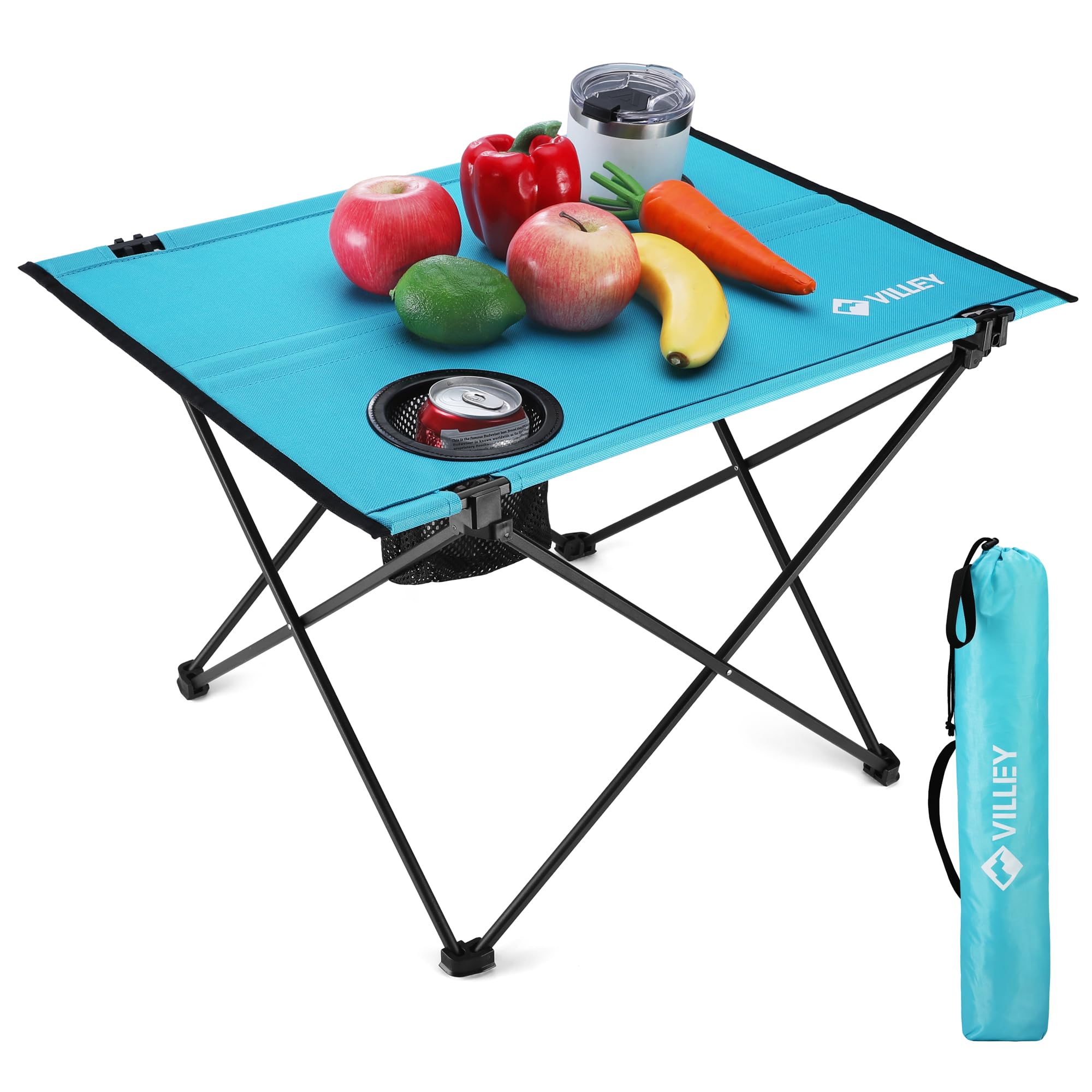 VILLEY Folding Camping Table, Lightweight Portable Beach Table with 2 Cup Holders & Carry Bag for Camping, Beach, Fishing, Travel, and Outdoor Activit