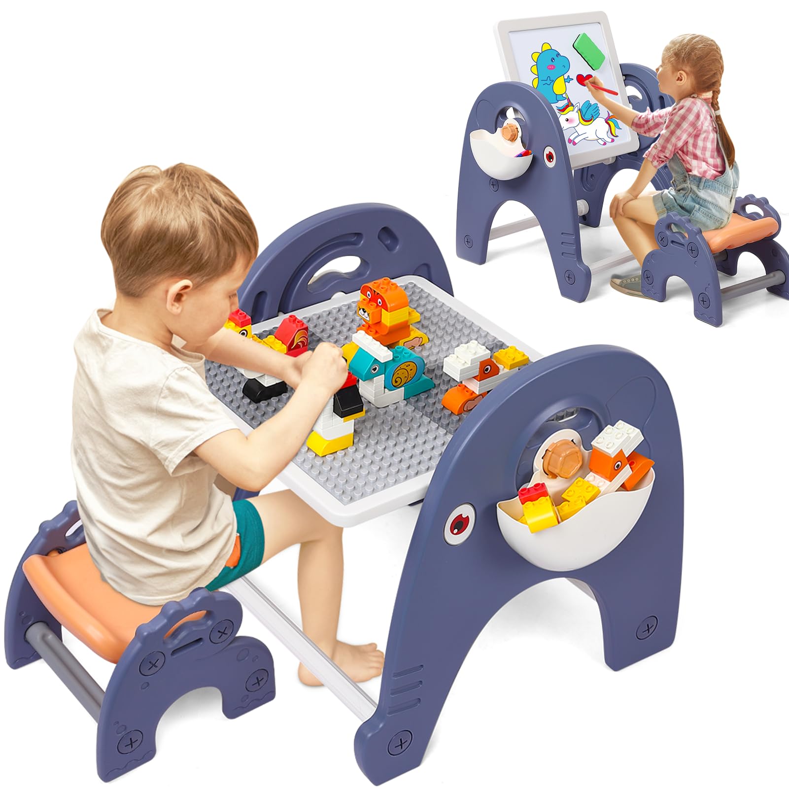 Garvee 4-in-1 Kids Activity Table Set, Building Block Table with Magenetic Whiteboard, Compatible for Lego Duplo Bricks, Toddler Sensory Play Table In