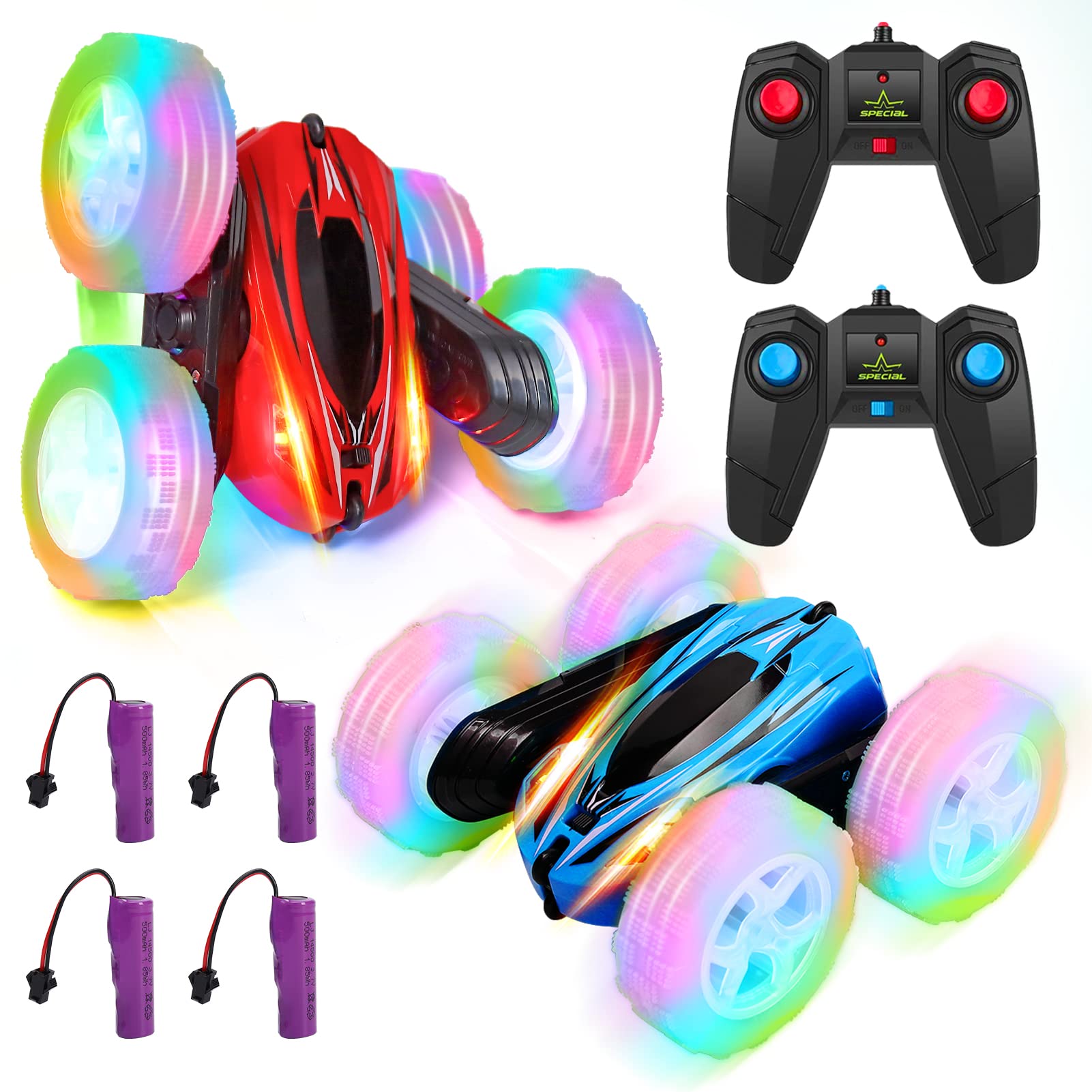 Garvee 2 Pack Remote Control Car Toys for Kids, 2.4GHz RC Stunt Cars with Wheel Lights, Drift High Speed 4WD Off Road Double Sided 360° Rotating Cars,