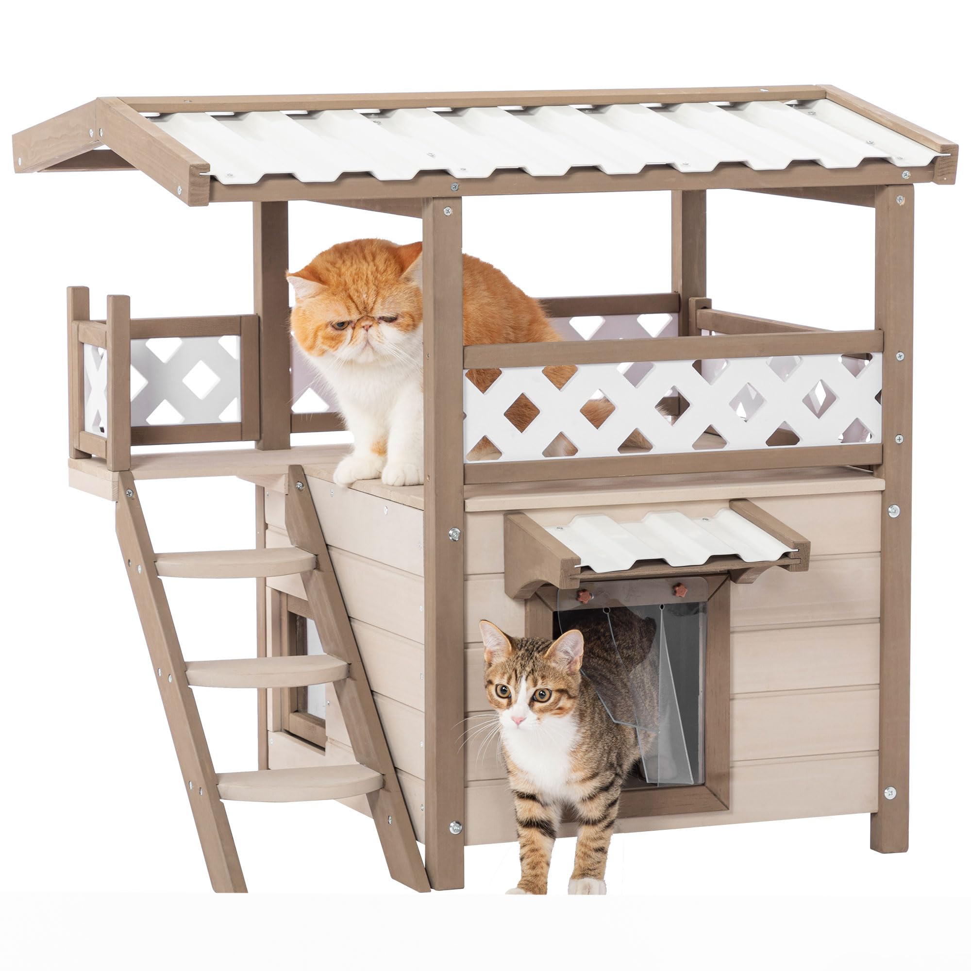 Garvee Outdoor Cat House With Escape Door Extra Large Solid Wood Pet Shelter For 2-3 Cats 30.70''L x 22.50''W x 29.30''H Cream