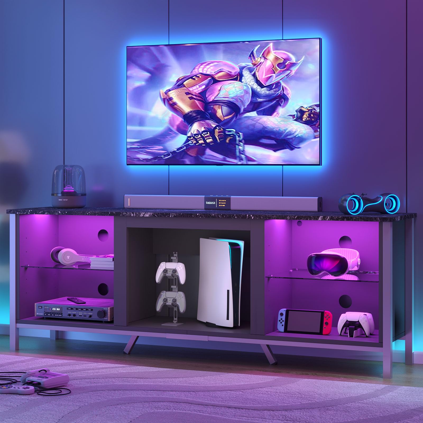 Bestier TV Stand for 75 Inch TVs, LED Gaming Entertainment Center for PS5, Console With Lights & Adjustable Shelves, Modern Cabinet for Living Room Be