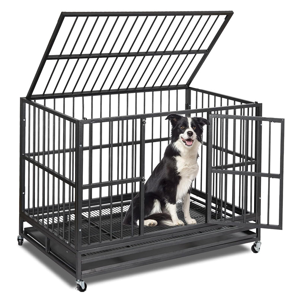 Garvee 48" Heavy Duty Dog Crate, Cage Kennel with Wheels&Brakes, High Anxiety Indestructible, Sturdy Locks Design, Double Door and Removable Tray for 