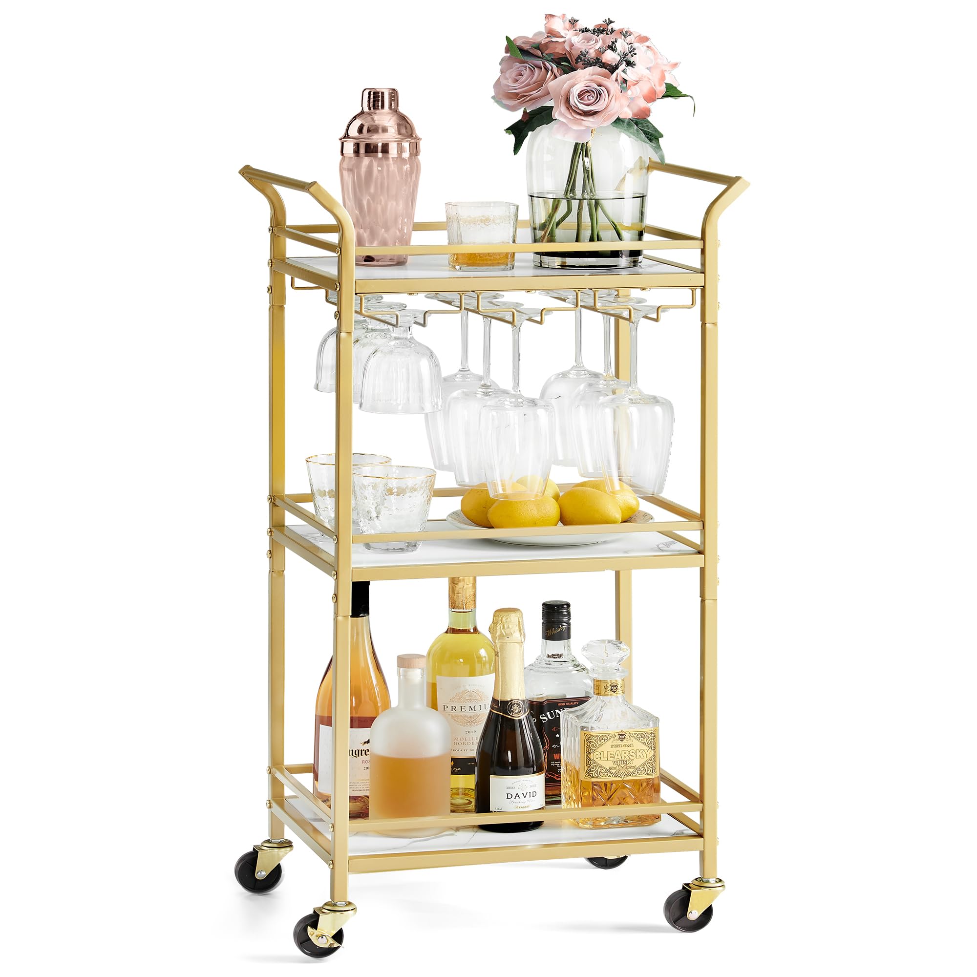 VASAGLE Bar Cart, Home Bar Serving Cart, Small Bar Cart with 3-Tier Shelf, Wine Holders, Glass Holders, Mini Bar Cart for Small Spaces, Kitchen, Dinin