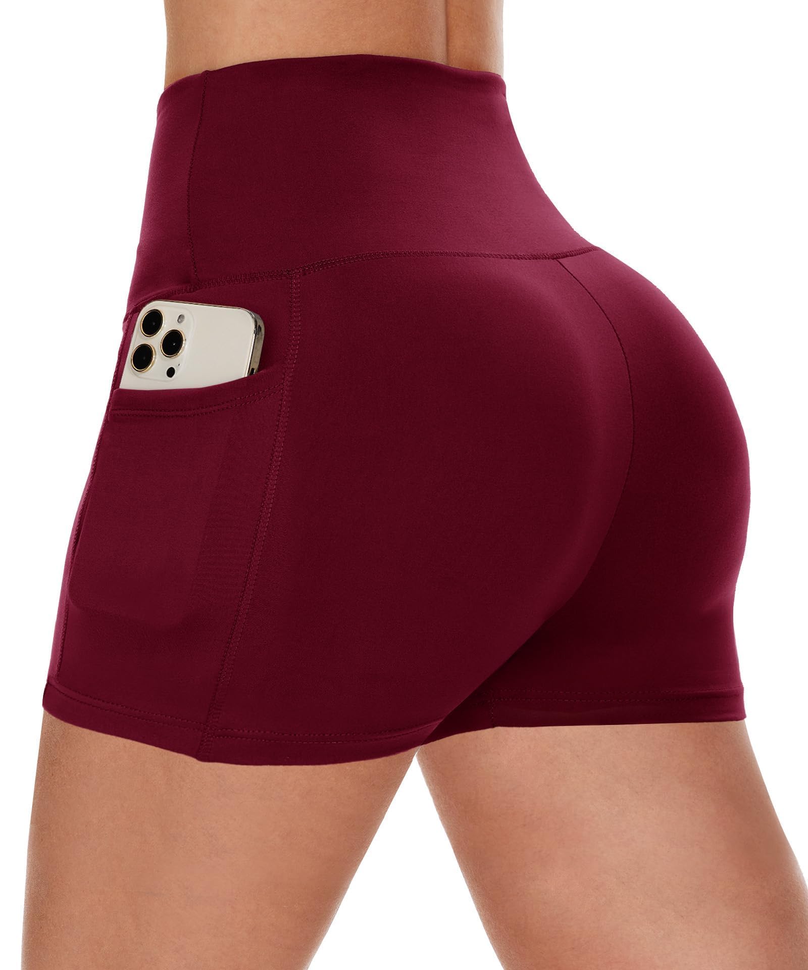 CAMPSNAIL Biker Shorts Women with Pockets - 3"-5"-8" High Waisted Workout Spandex Tummy Control Gym Running Yoga Shorts 3 IN Small-Medium Burgundy