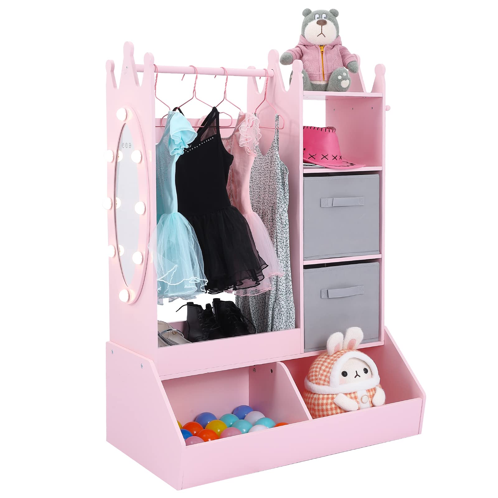 Garvee Pink Dress-Up Storage for Girls - Includes Light, Mirror, Clothing Rack with Bin, and Open Hanging Armoire Closet