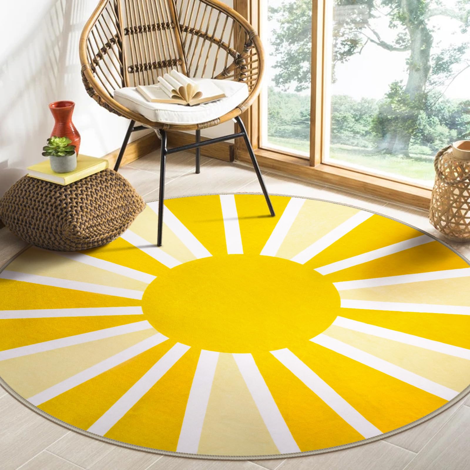 Lahome Yellow Rainbow Sun Round Rug: 4ft Washable & Non-Slip Low Pile with Cute Boho Print for Nursery, Bathroom, Bedroom, Kids Room & Dorm Rainbow Su