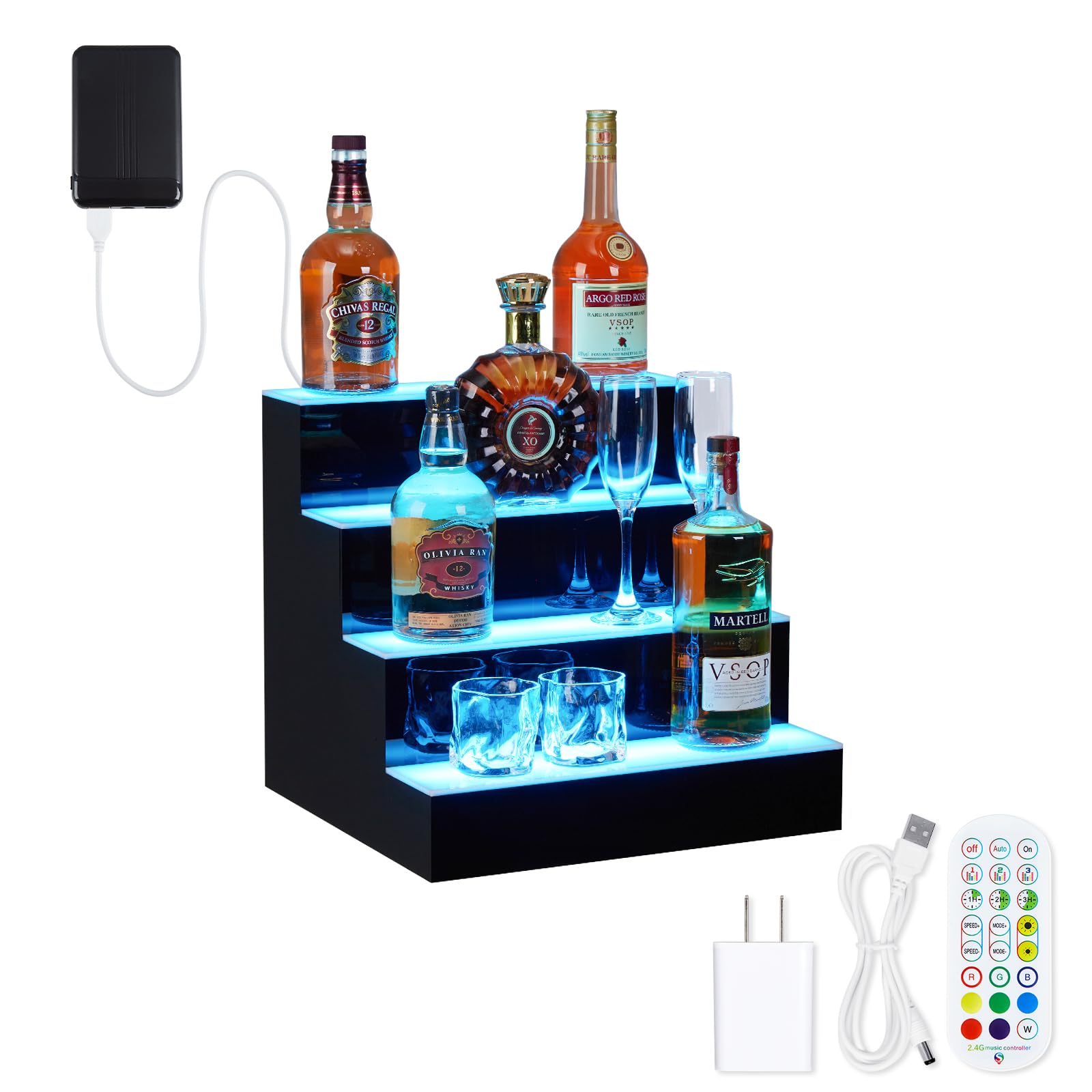 Garvee LED Lighted Liquor Bottle Display, 4 Tier 16 Inch LED Bar Display Shelf with Remote & App Control, Acrylic Lighted Bottle Display Stand, 16 Col