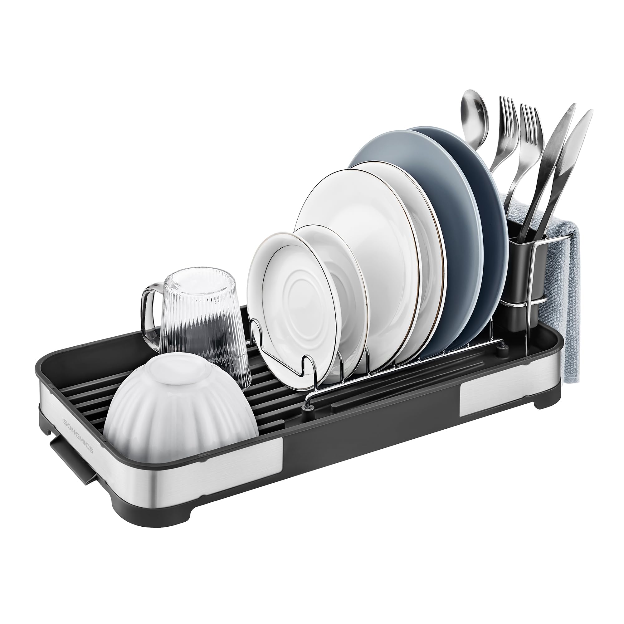 SONGMICS Small Dish Drying Rack, Dish Dryer for Kitchen Counter, Stainless Steel Dish Rack with Drain, Utensil Holder, Rustproof, for Dishes, Knives,