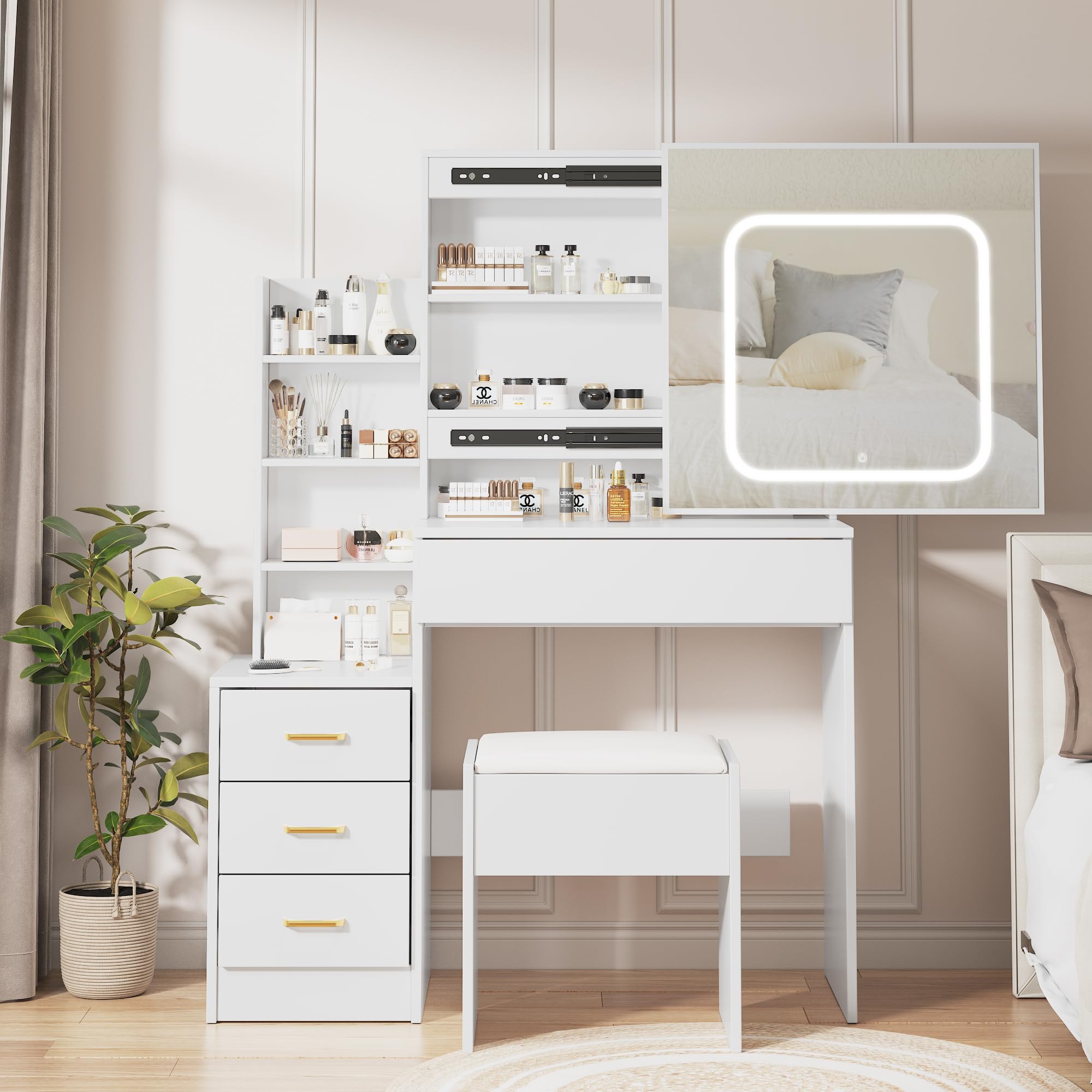 Garvee Vanity Desk with LED Mirror, 3 Mode Lighting, Charging Station, 4 Drawers, Shelves, Cushioned Stool, White, Bedroom