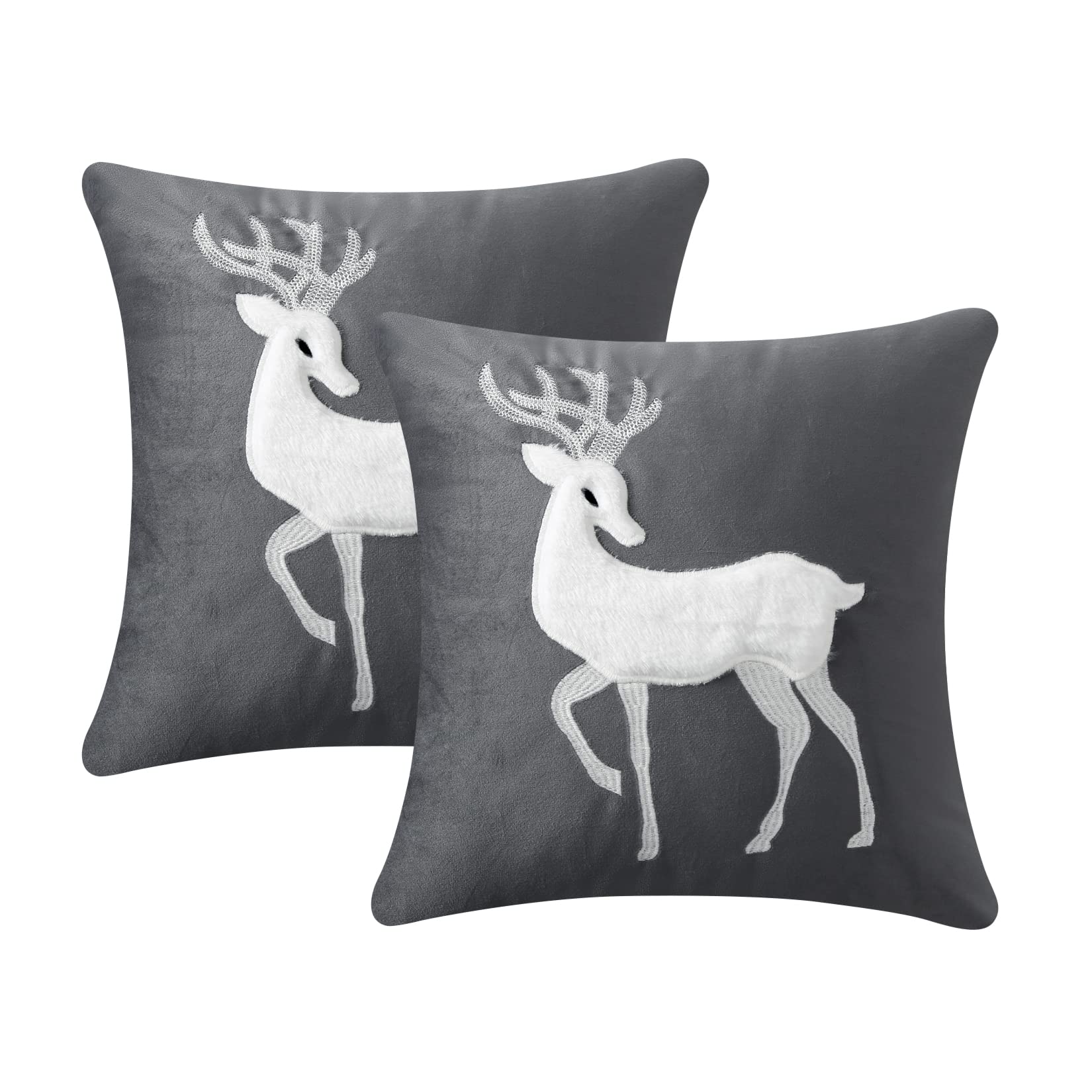 Garvee Set of 2 Throw Pillow Covers,Modern Soft Velvet Sofa Square Cushion Pillowcases for Christmas Home Decor, Elk Patterns, Grey, 18 x 18 Inch