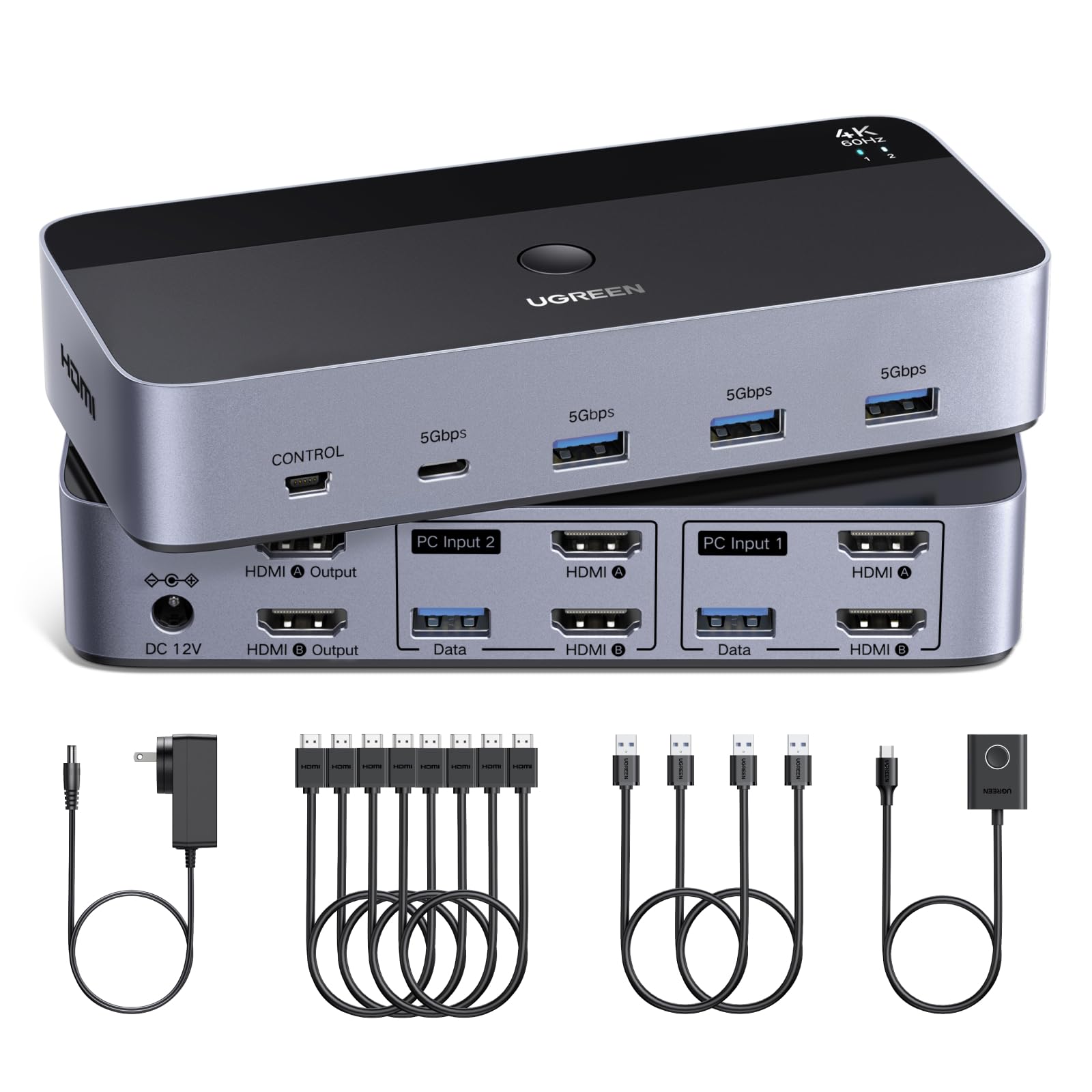 UGREEN HDMI KVM Switch 2 Monitors 2 Computers 4K@60Hz, with 4 USB 3.0 Ports for 2 Computers Sharing 2 Monitors Keyboard Mouse Printer with 4 HDMI Cabl