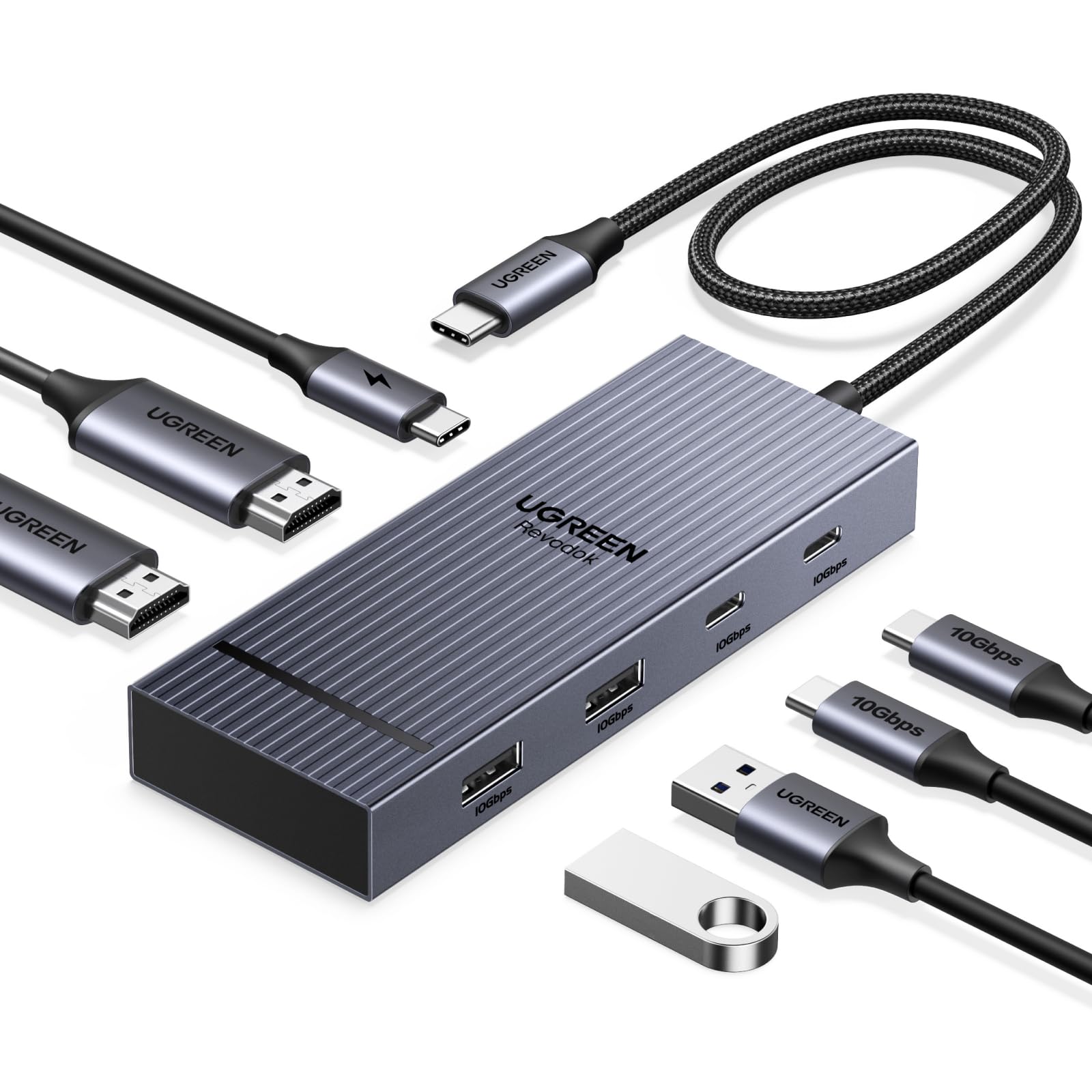 UGREEN Revodok Pro 207 10Gbps USB C Hub 2HDMI 4K@60Hz Docking Station Dual Dsiplay mit 2*USB A 3.2 & USB C 3.2 PD 100W Kompatibel mit XPS 13-15, Chrom