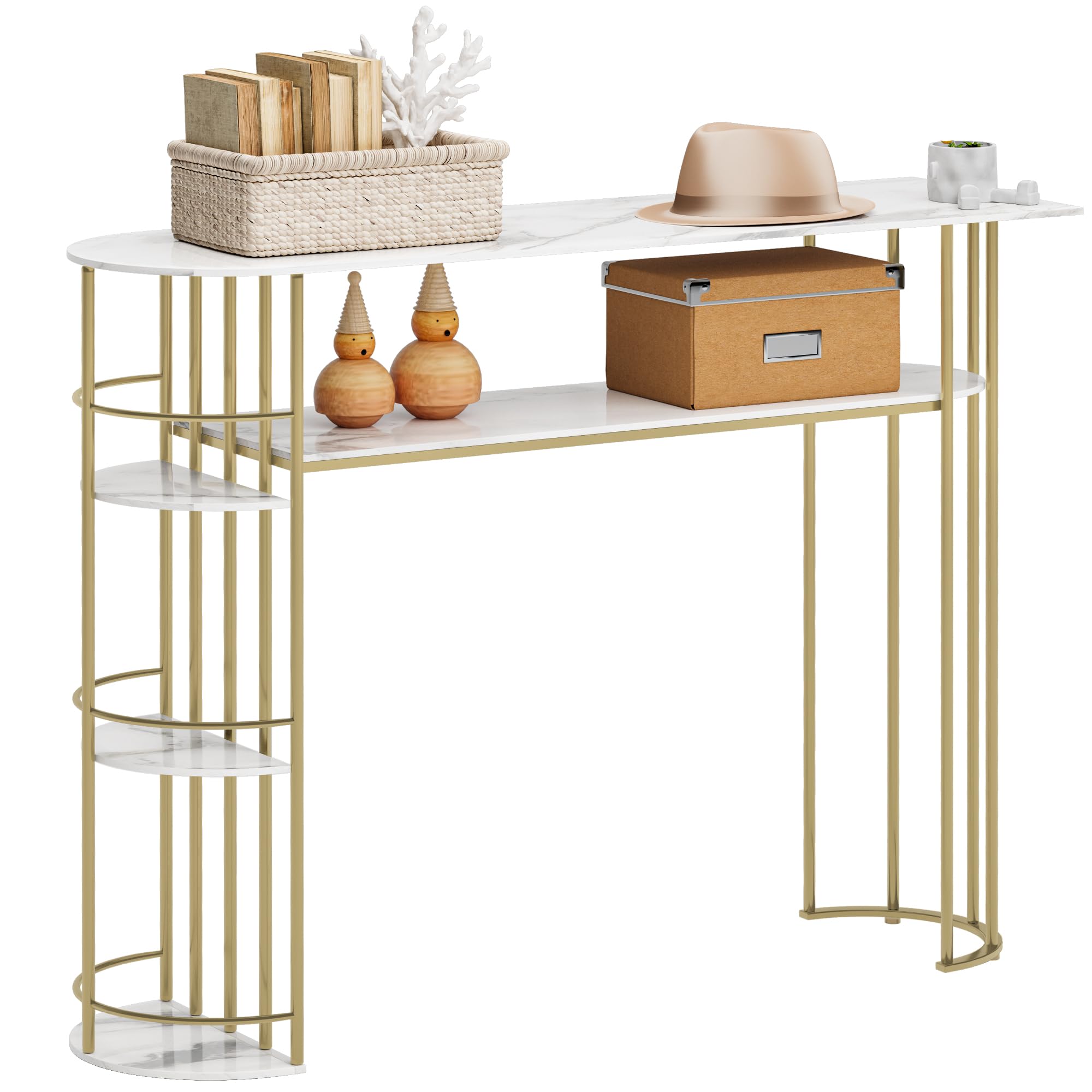Garvee Gold Console Table Modern Design with Marble Grain Finish, MDF Wood, Metal, Storage Shelves, 43.5” for Living Room