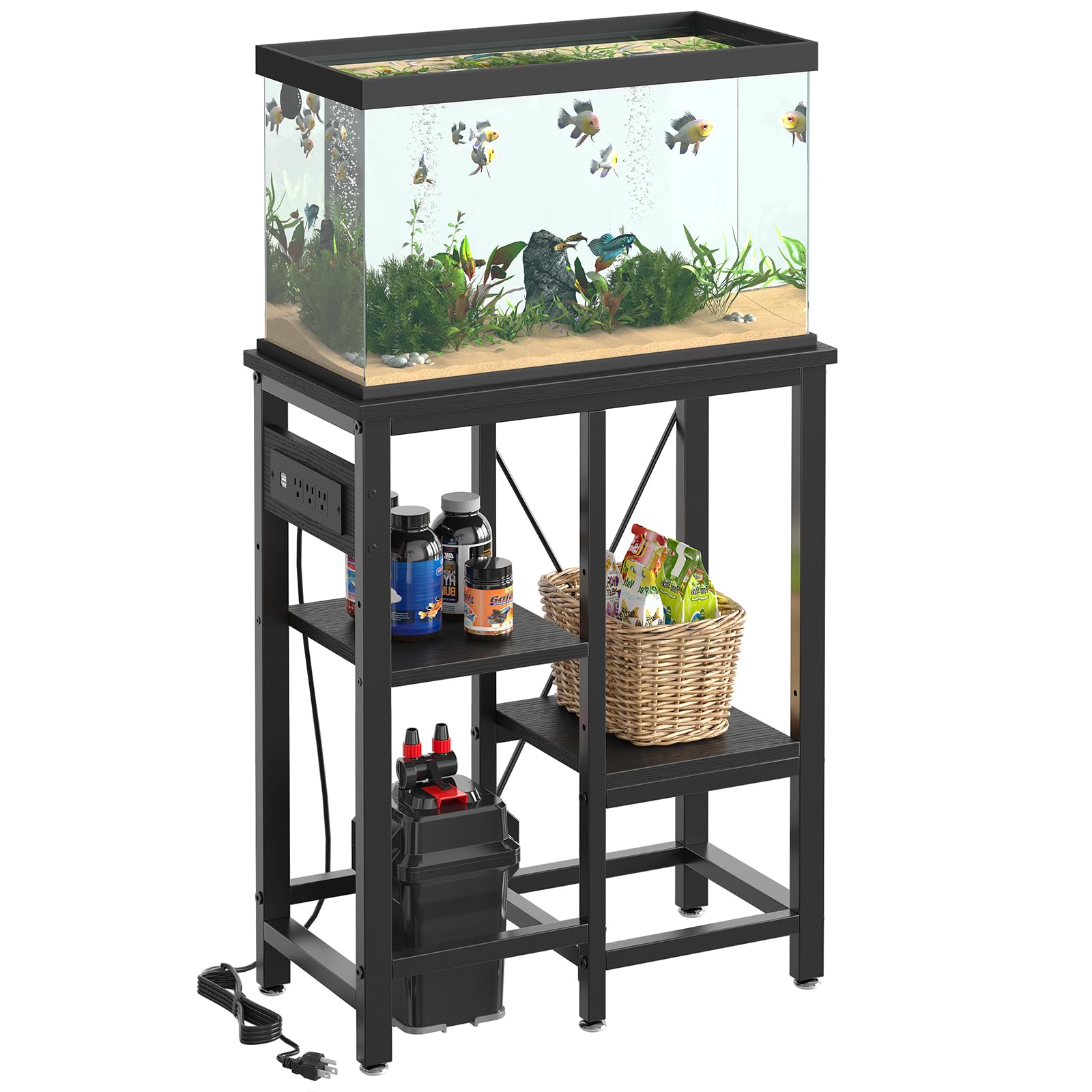 Bestier 10 Gallon Fish Tank Stand with Power Outlet, 20.3x10.6 Metal Aquarium Stand with Filter Storage, 6-Leg Reptile Tank Stand with 3-Tier Adjustab