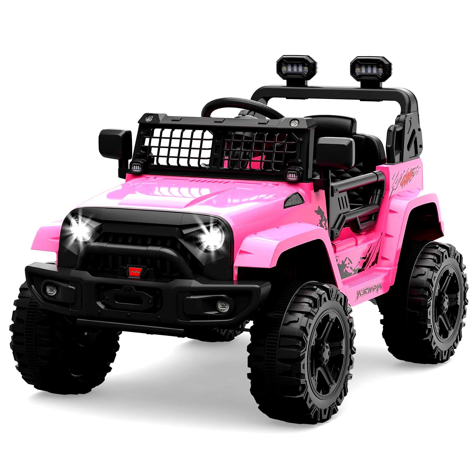 Garvee Ride on Truck Car 12V Kids Electric Vehicles with Remote Control Spring Suspension, LED Lights, Bluetooth, 2 Speeds - Pink
